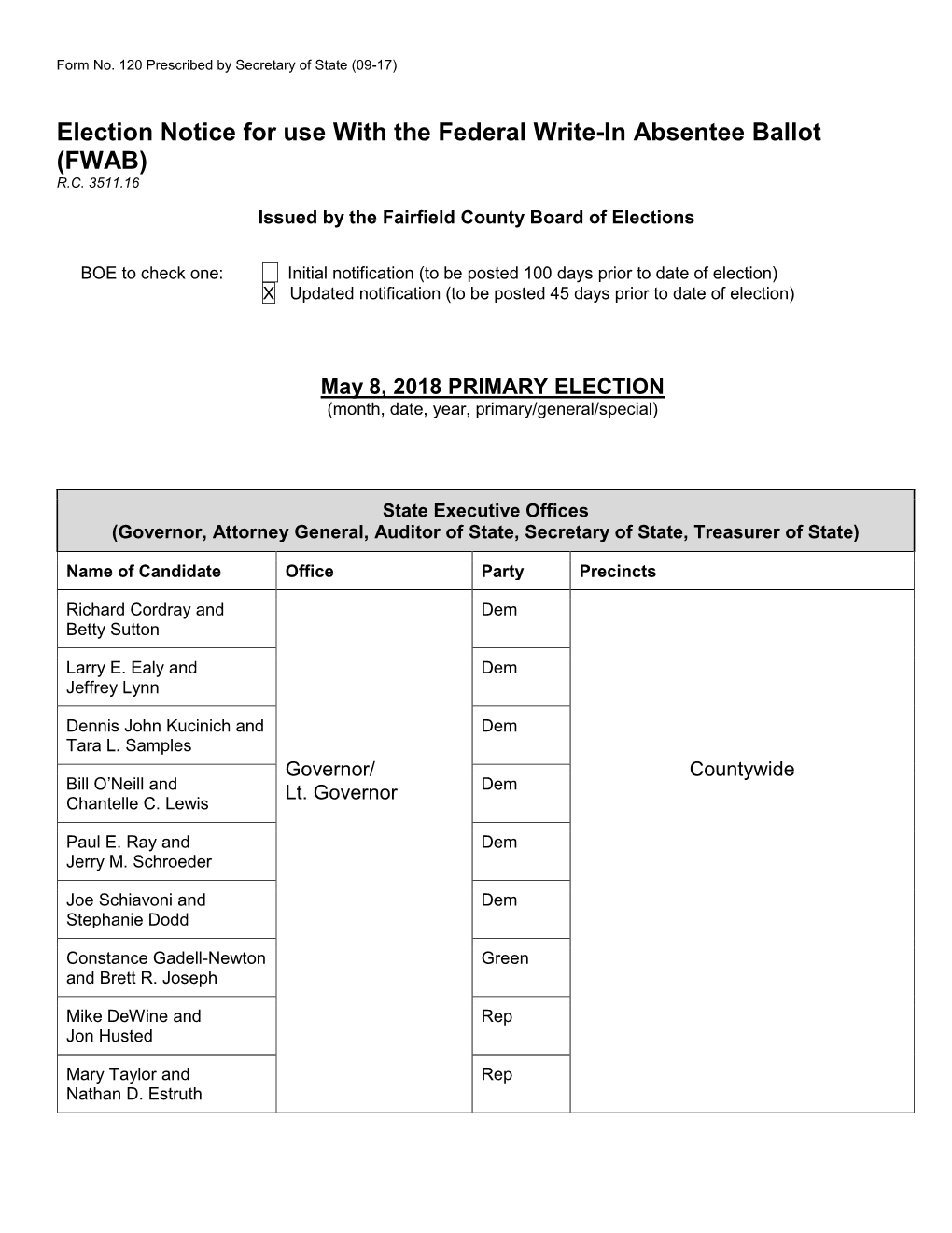 Election Notice for Use with the Federal Write-In Absentee Ballot (FWAB) R.C