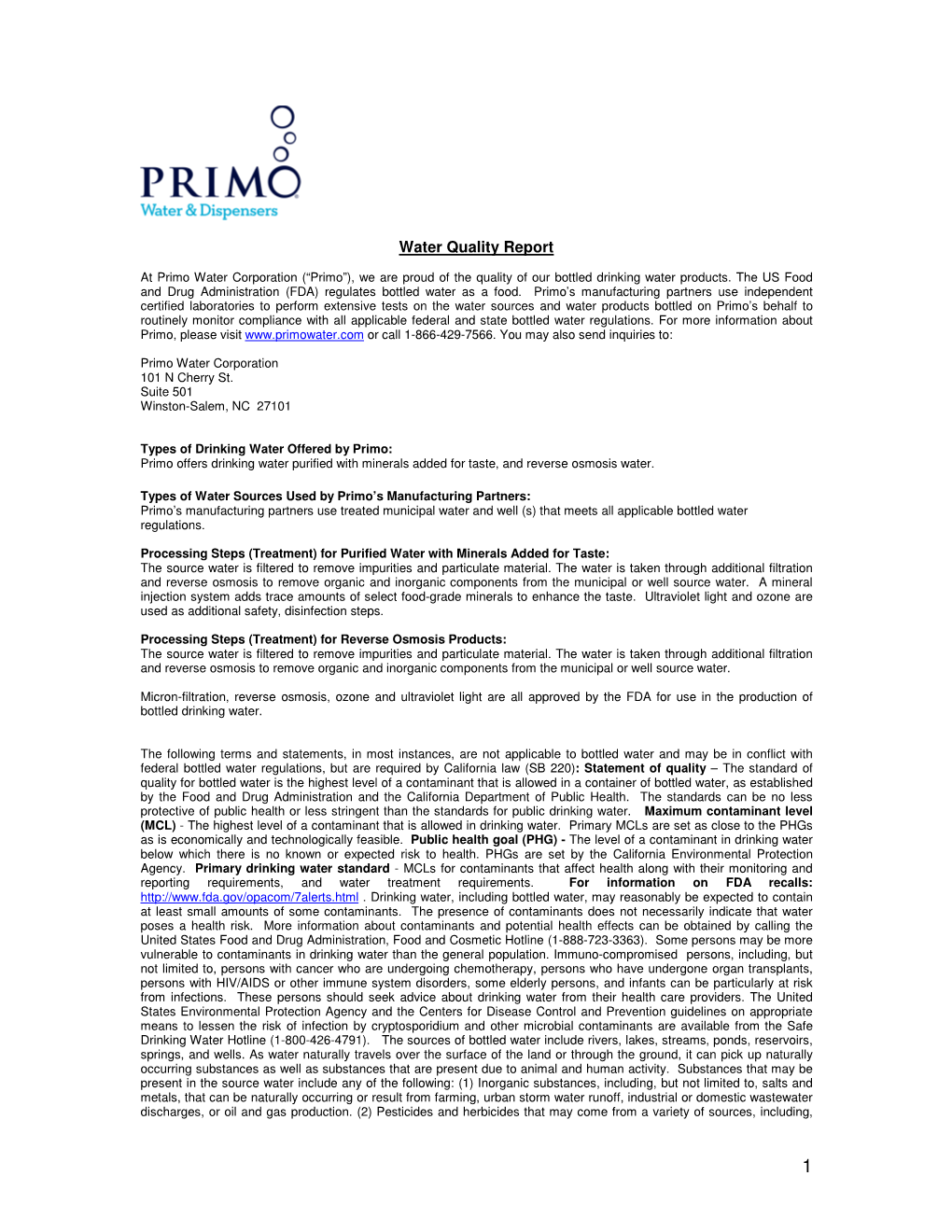 Primo Water Quality Report