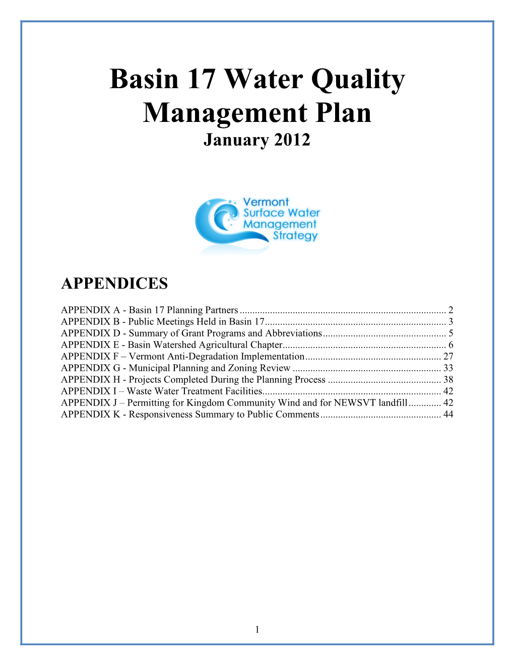 Basin 17 Water Quality Management Plan January 2012