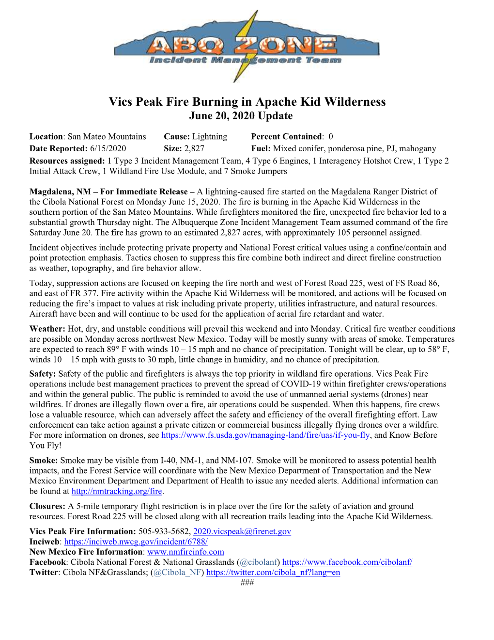 Vics Peak Fire Burning in Apache Kid Wilderness June 20, 2020 Update