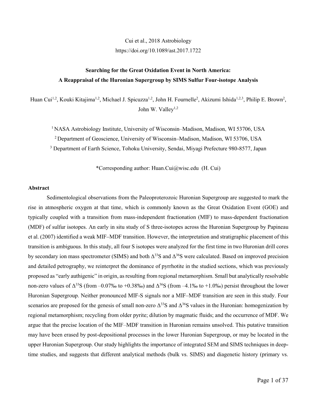 Searching for the Great Oxidation Event in North America: a Reappraisal of the Huronian Supergroup by SIMS Sulfur Four-Isotope Analysis