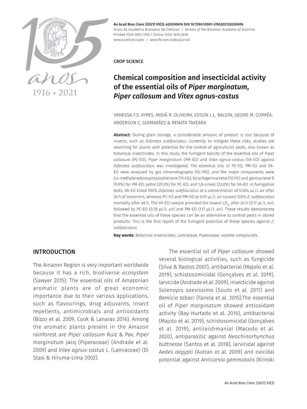 Chemical Composition and Insecticidal Activity of the Essential Oils of Piper