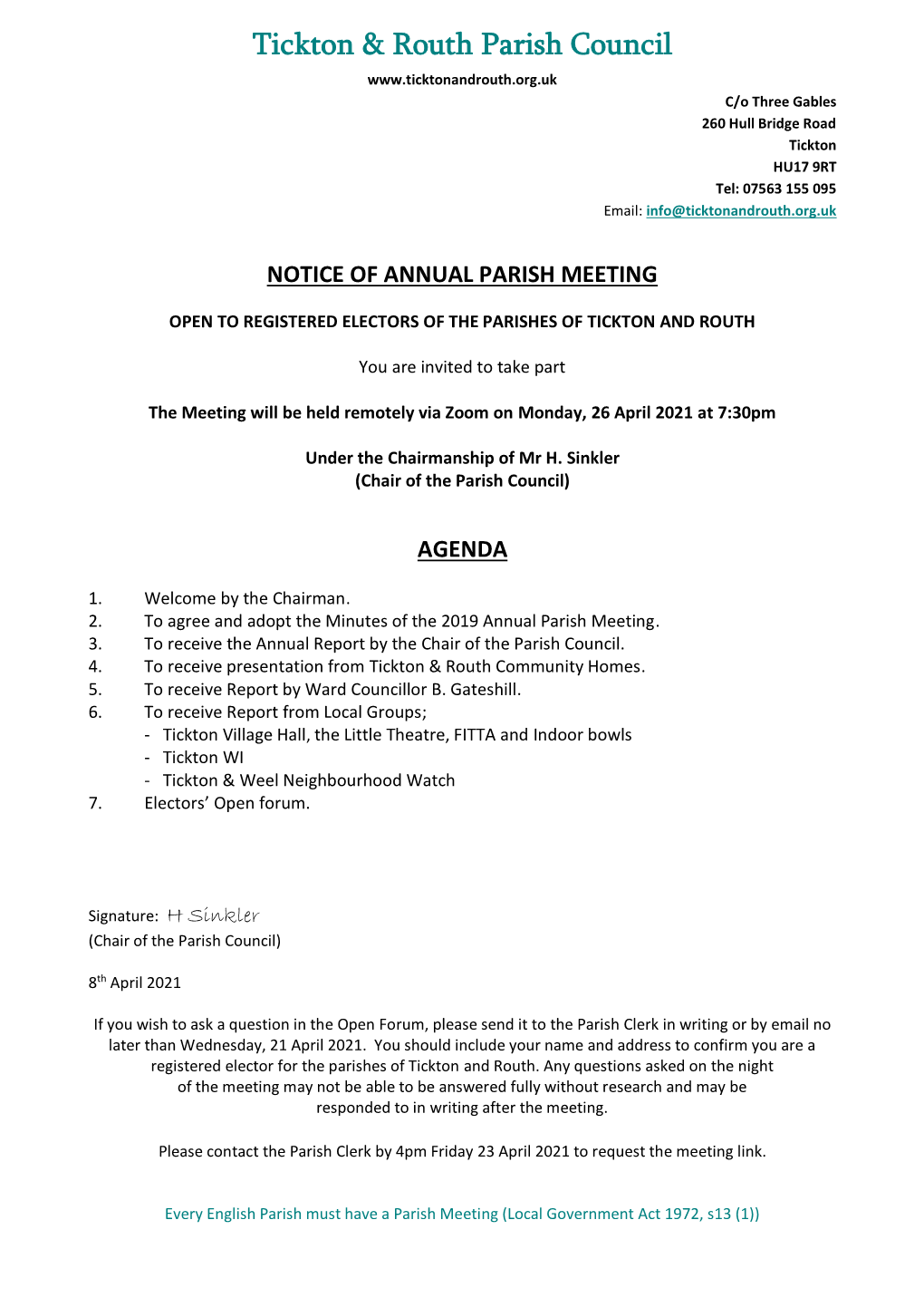 Annual Parish Meeting to Be Held at 7:30Pm Monday, 26 April 2021