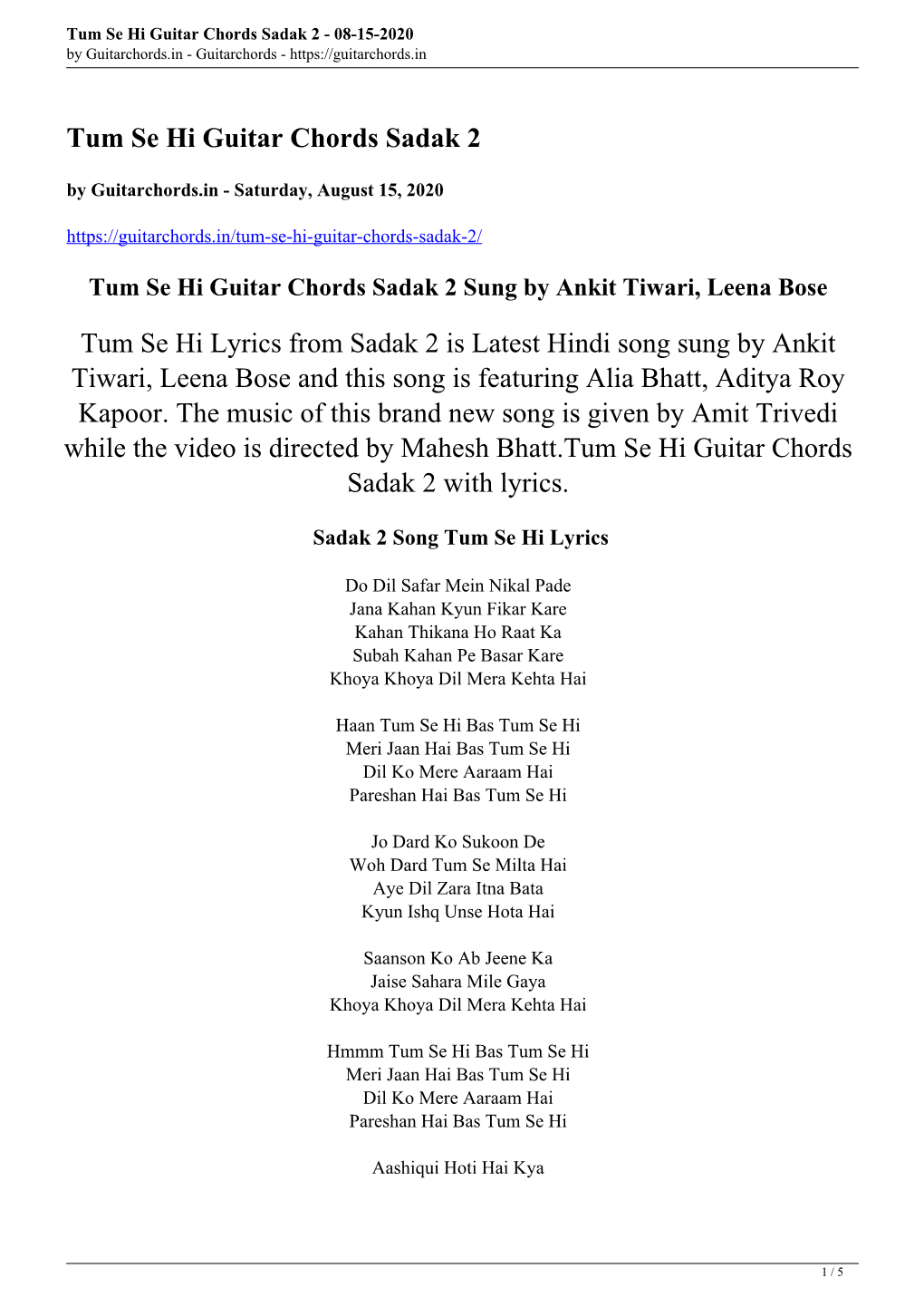 Tum Se Hi Guitar Chords Sadak 2 - 08-15-2020 by Guitarchords.In - Guitarchords