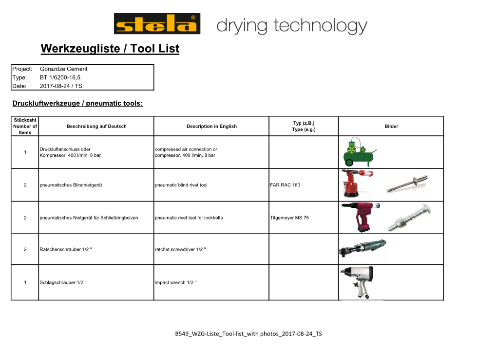 Werkzeugliste / Tool List