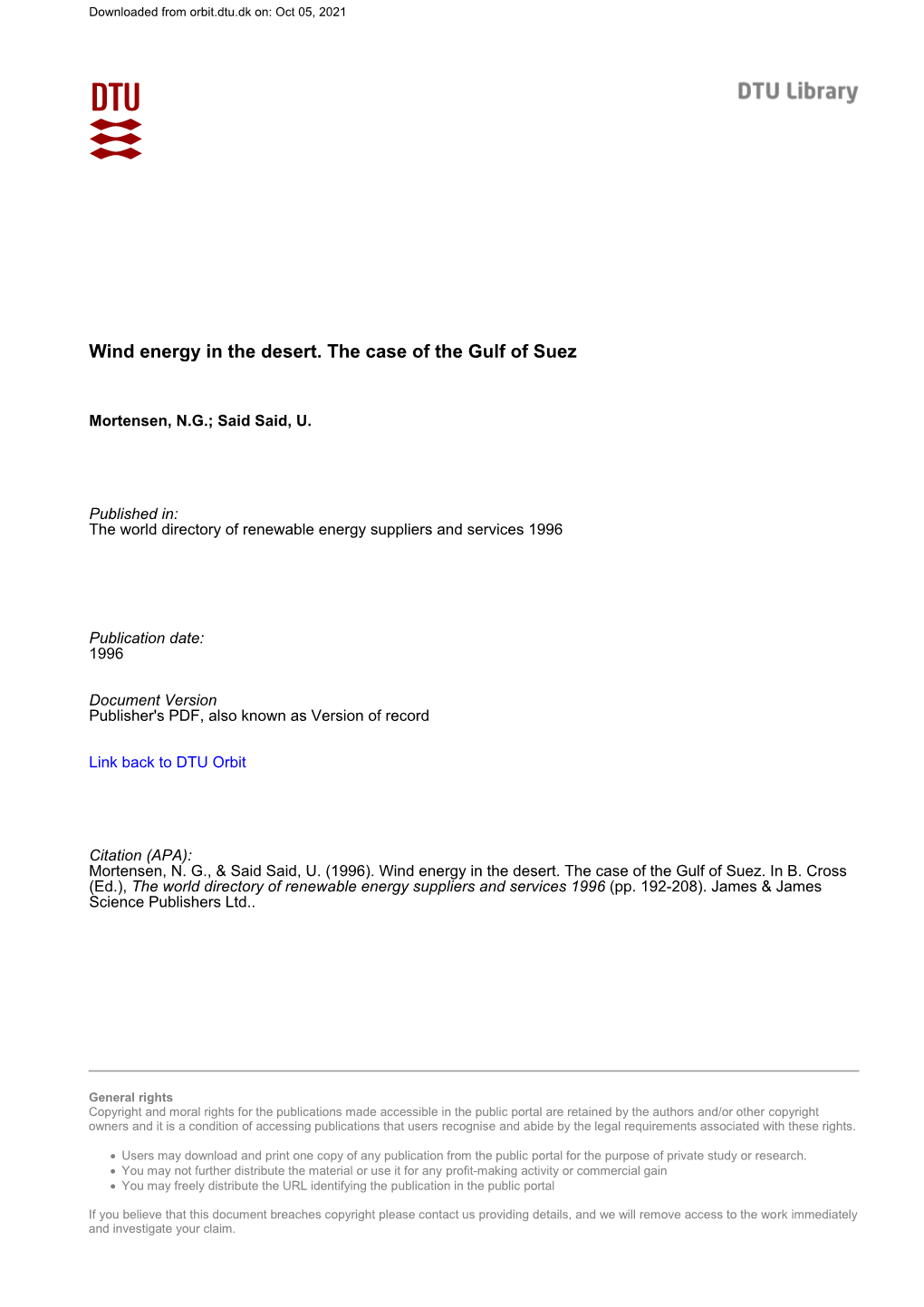 Wind Energy in the Desert. the Case of the Gulf of Suez