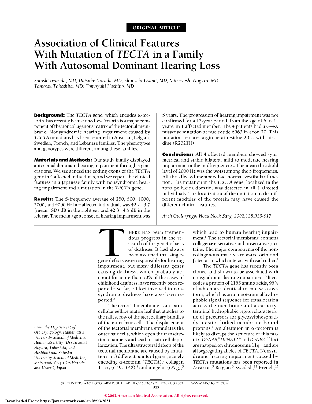 Association of Clinical Features with Mutation of TECTA in a Family with Autosomal Dominant Hearing Loss