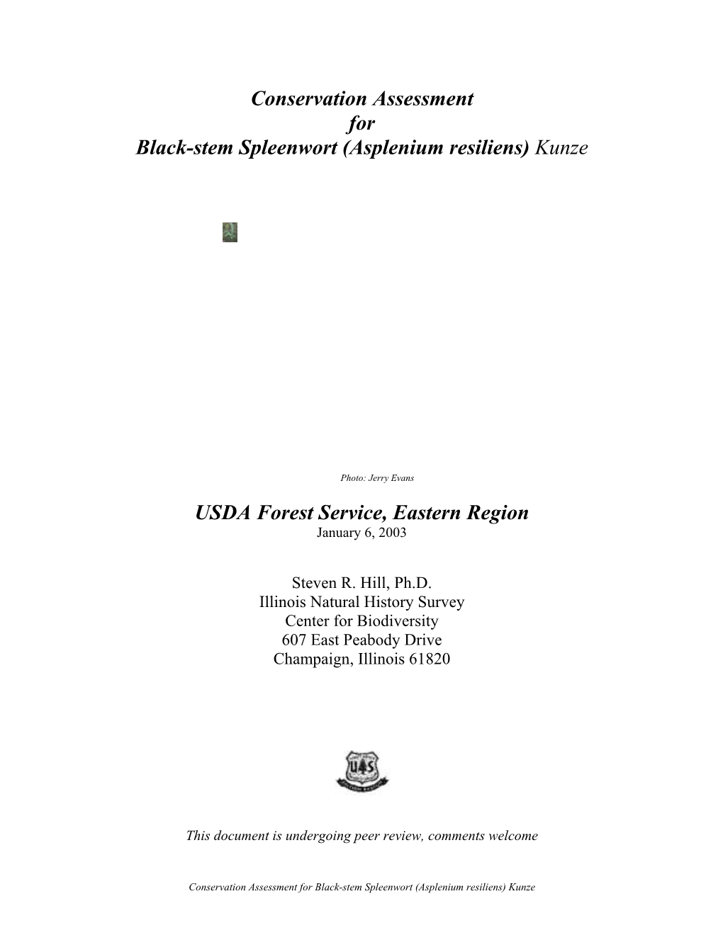 Conservation Assessment for Black-Stem Spleenwort (Asplenium Resiliens) Kunze