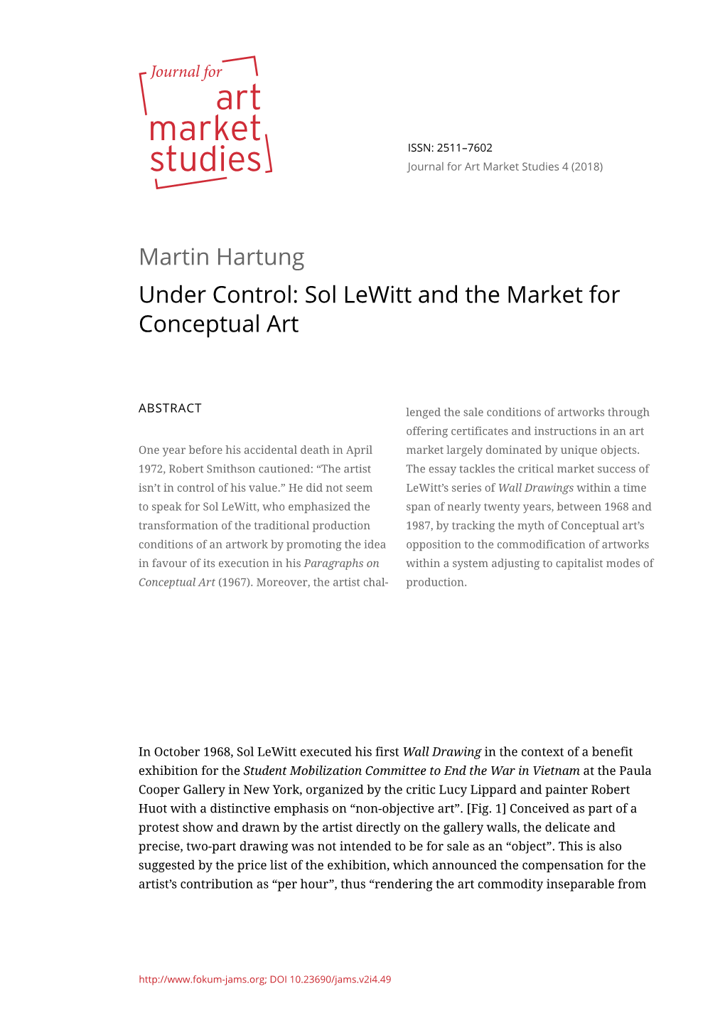 Martin Hartung Under Control: Sol Lewitt and the Market for Conceptual Art