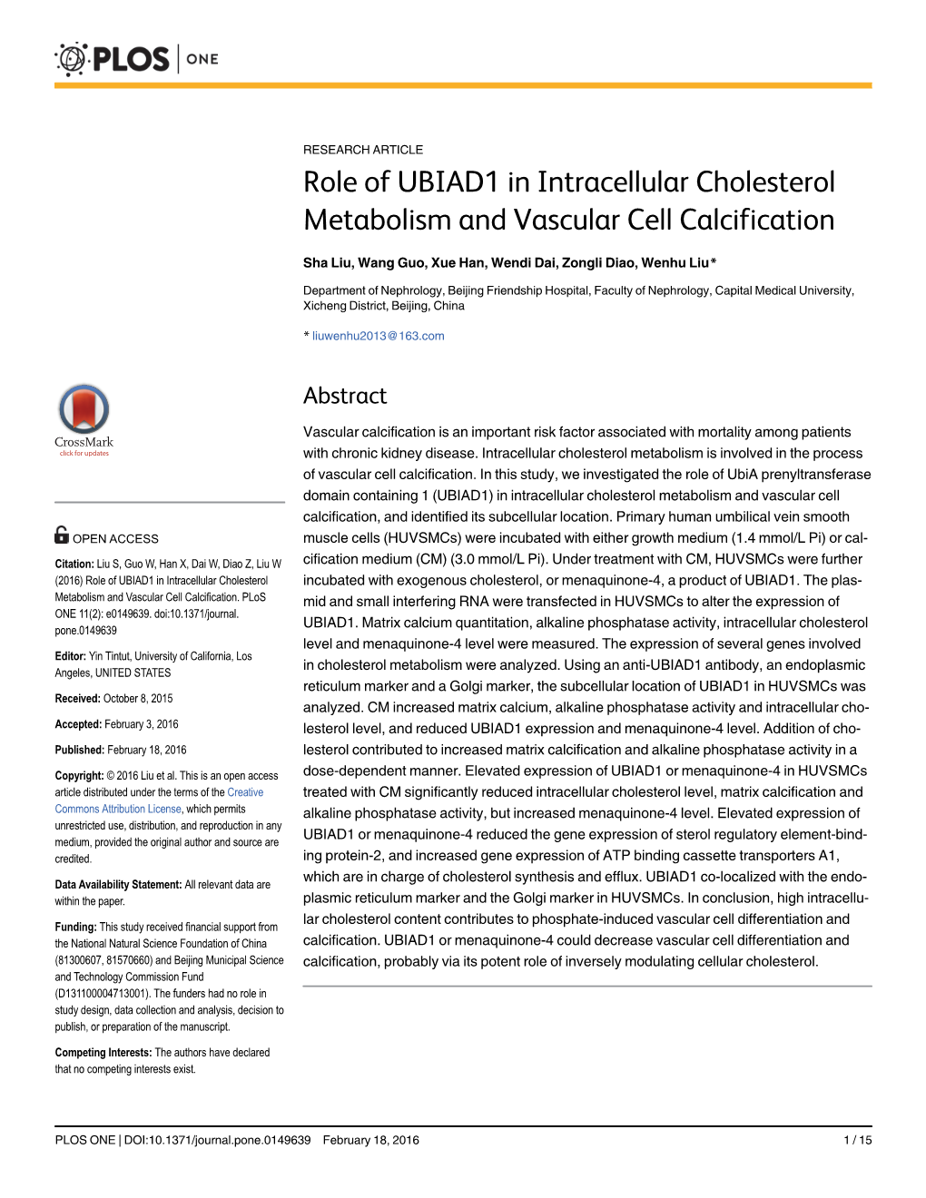 Role of UBIAD1 in Intracellular Cholesterol Metabolism and Vascular Cell Calcification