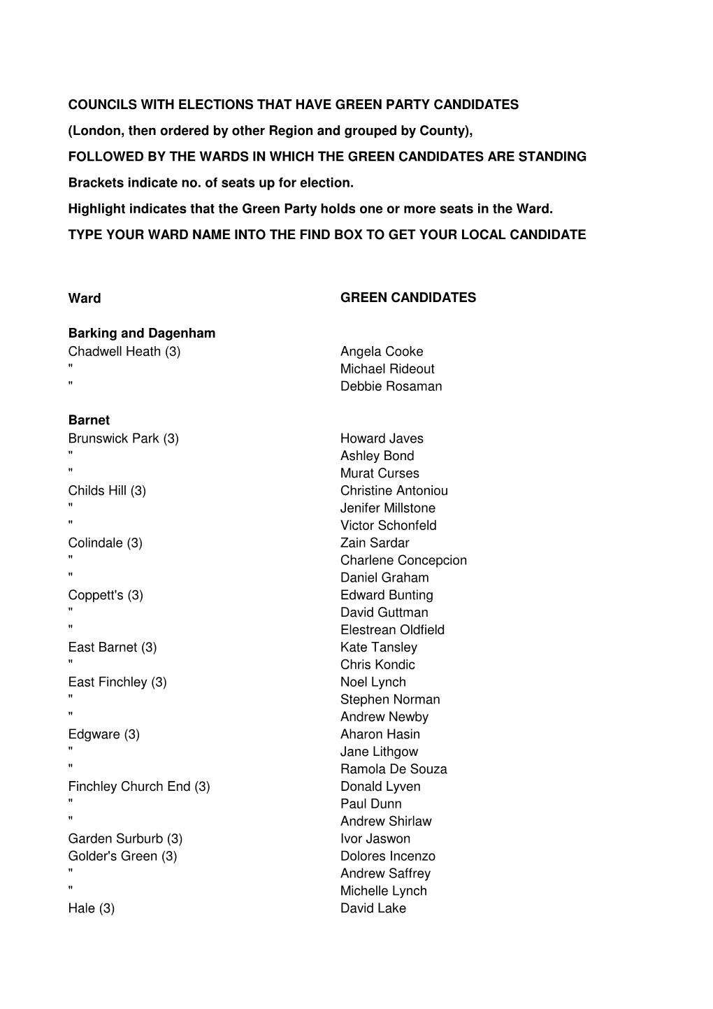 Councils with Elections That Have Green Party Candidates