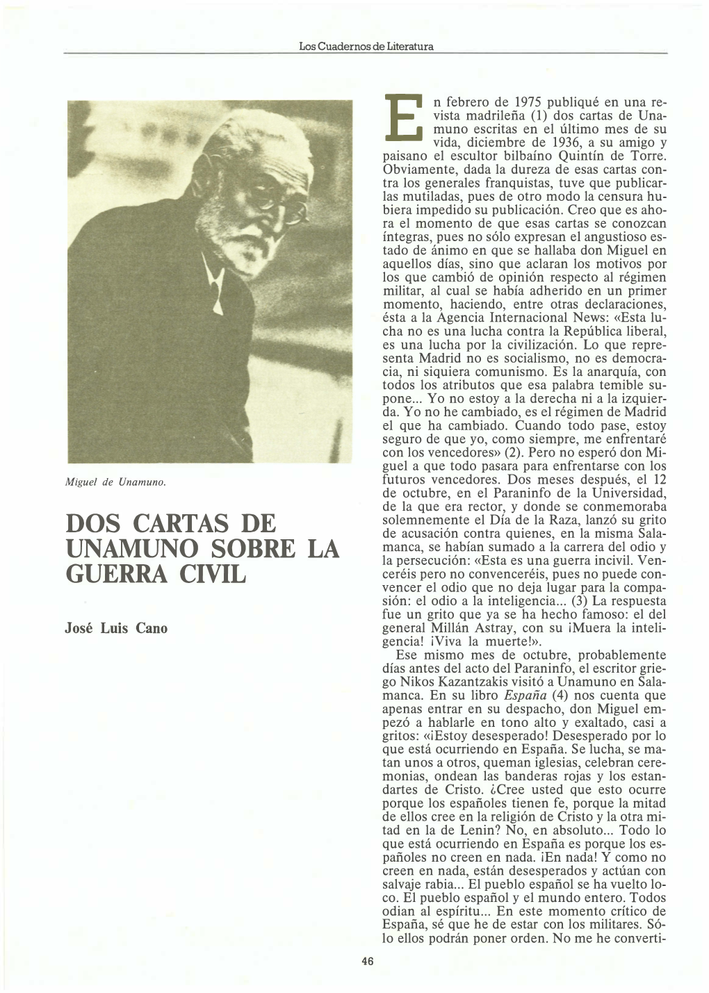 Dos Cartas De Unamuno Sobre La Guerra Civil