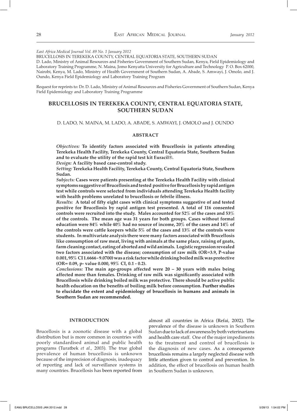 Brucellosis in Terekeka County, Central Equatoria State, Southern Sudan D