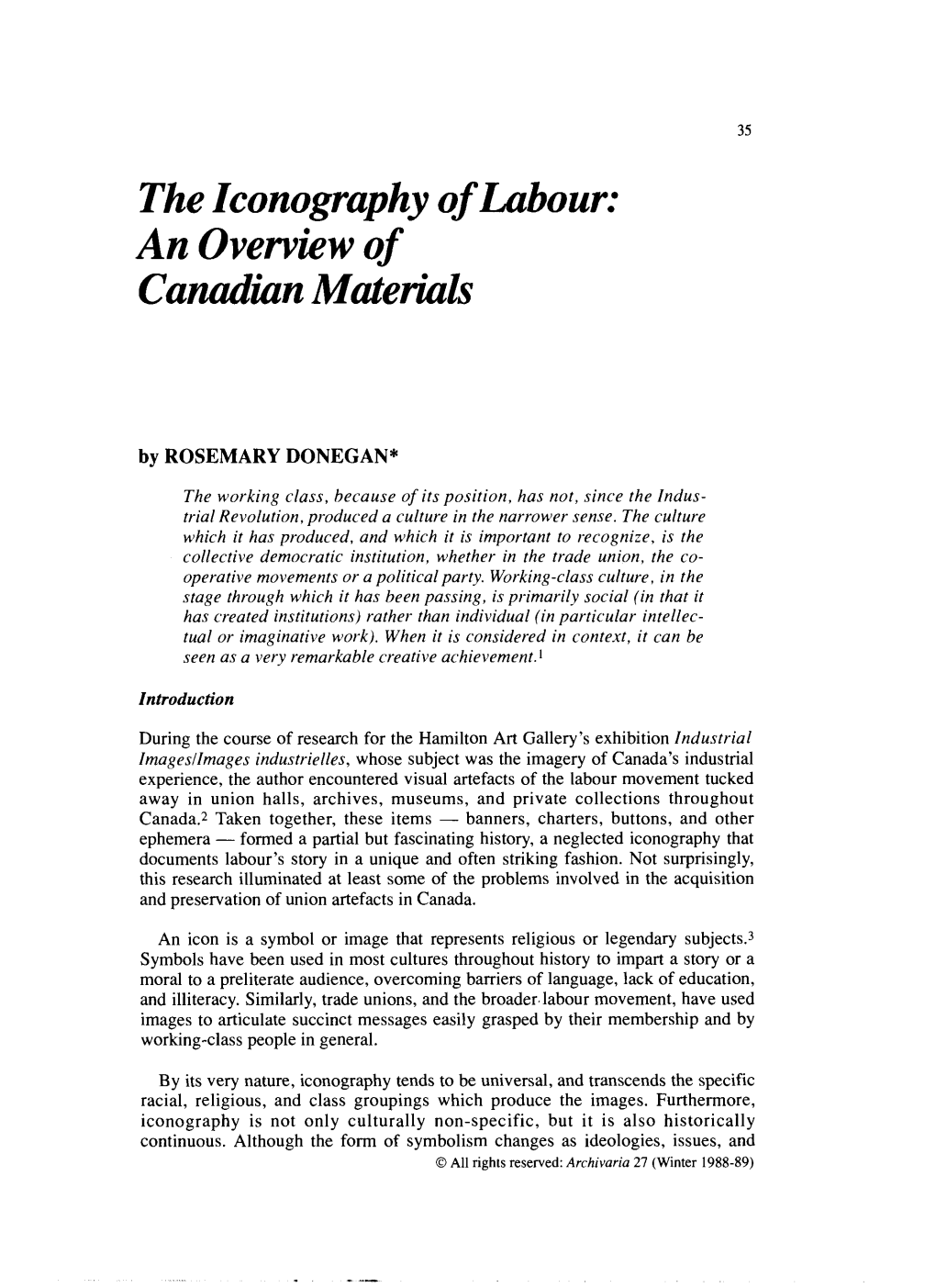 The Iconography of Labour: an Overview of Canadian Materials