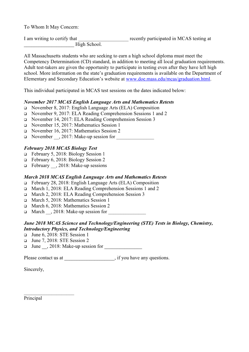 Sample Letter to Employers - MCAS Retest 2017/2018