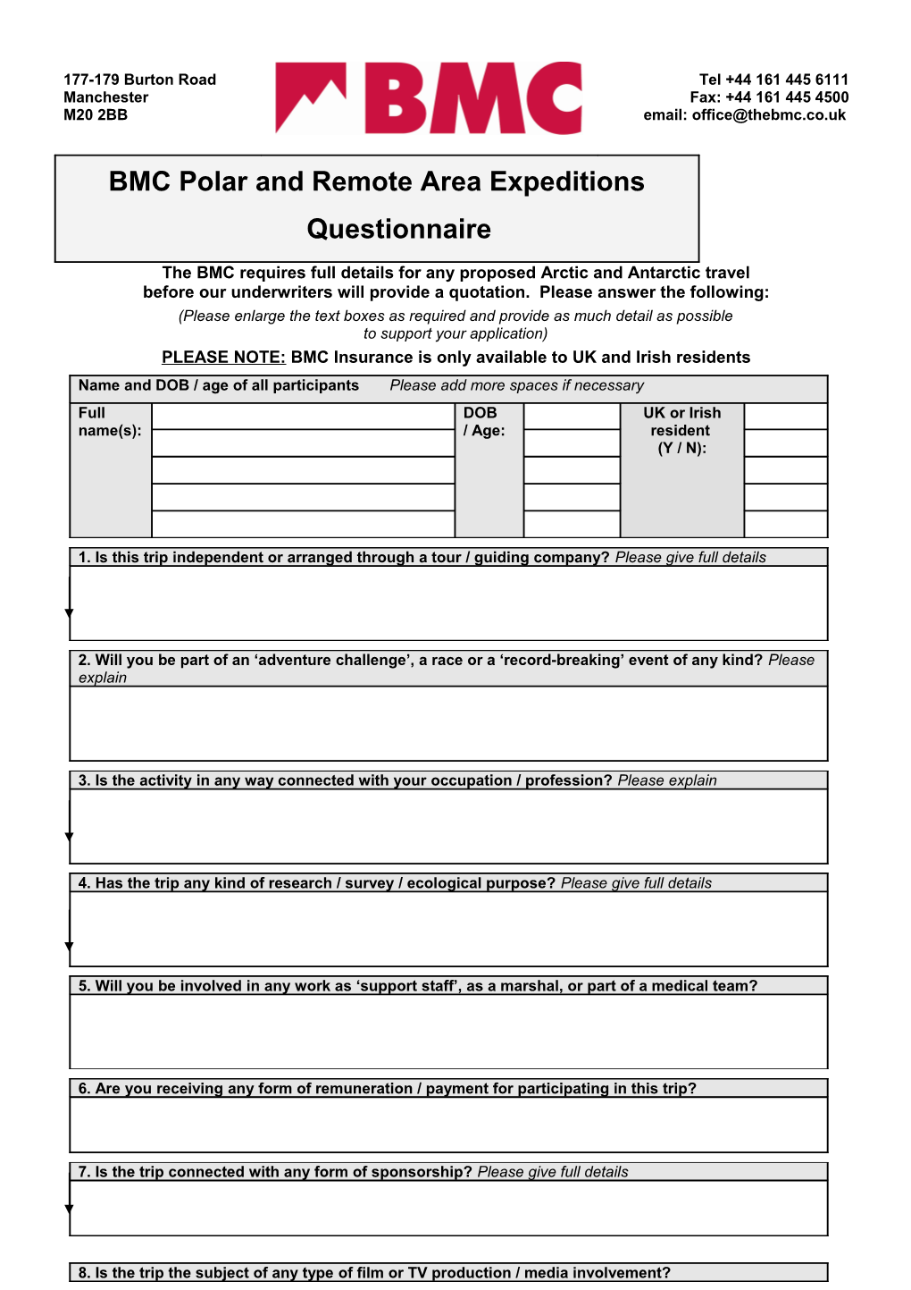 BMC Polar and Remote Area Expeditions Questionnaire