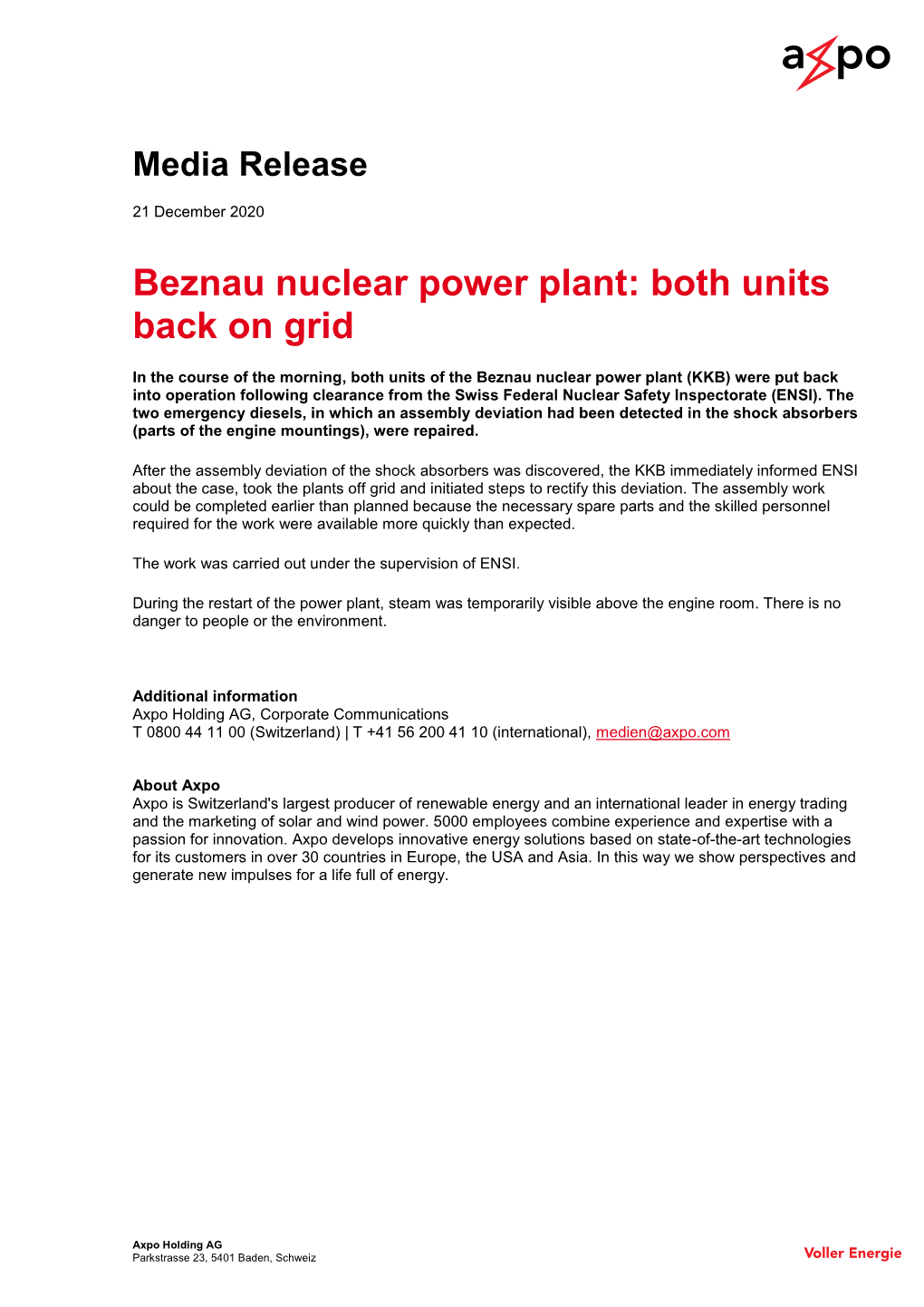 Beznau Nuclear Power Plant: Both Units Back on Grid