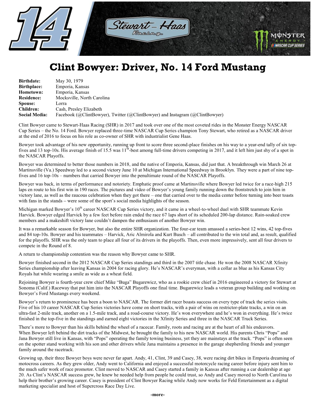 Clint Bowyer: Driver, No. 14 Ford Mustang