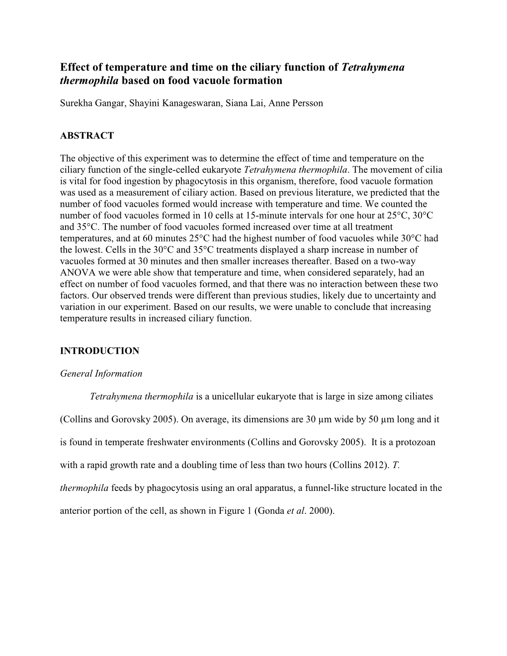 Effect of Temperature and Time on the Ciliary Function of Tetrahymena Thermophila Based on Food Vacuole Formation