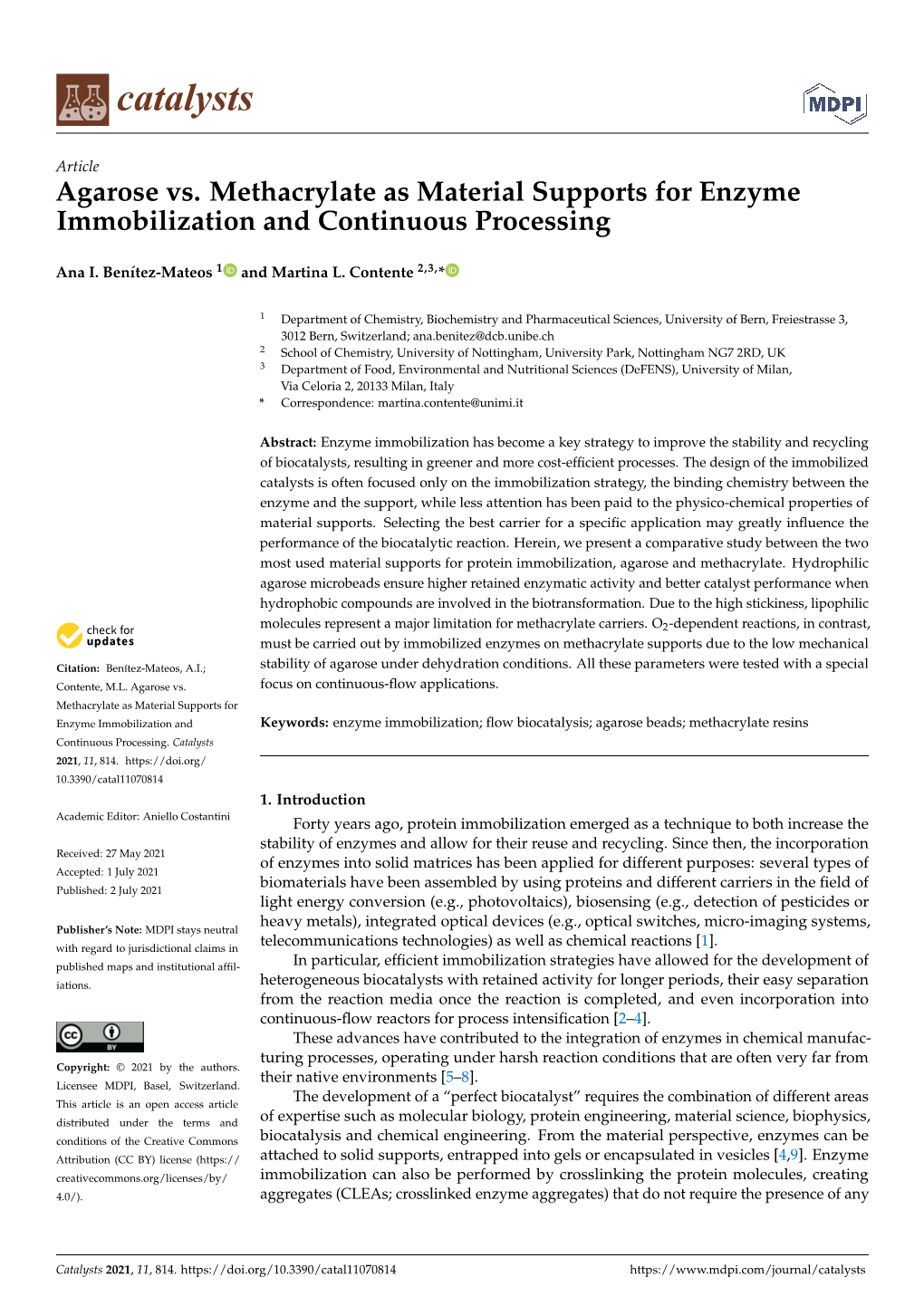 Agarose Vs. Methacrylate As Material Supports for Enzyme Immobilization and Continuous Processing