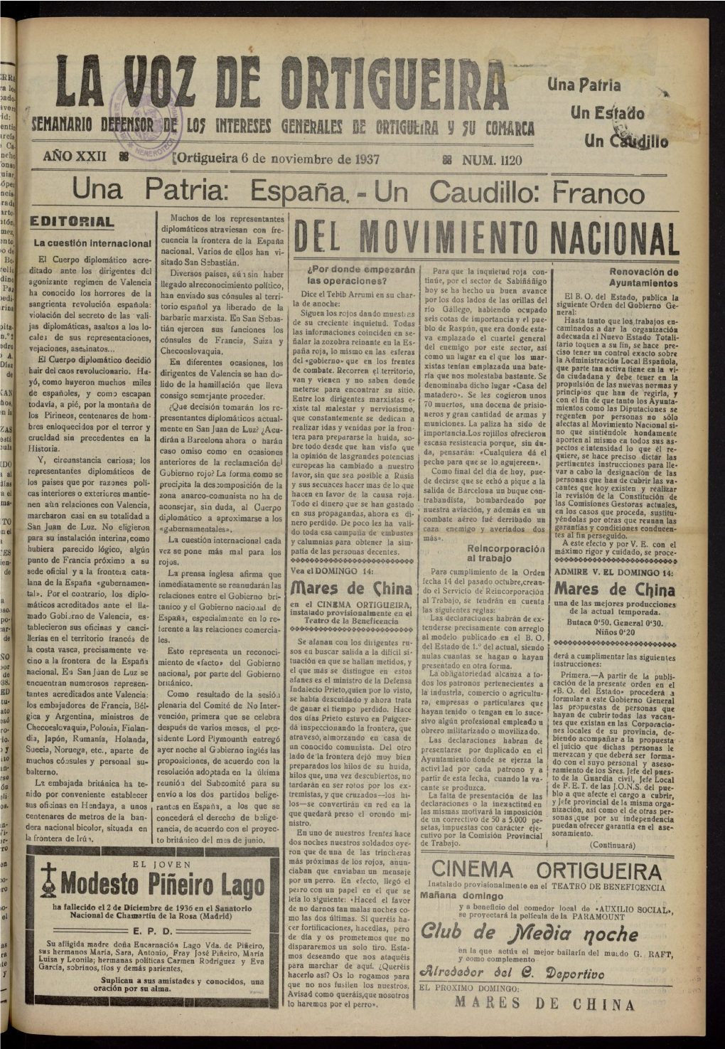 La Voz De Ortigueira Del 6 De Noviembre De 1937, Nº 1120