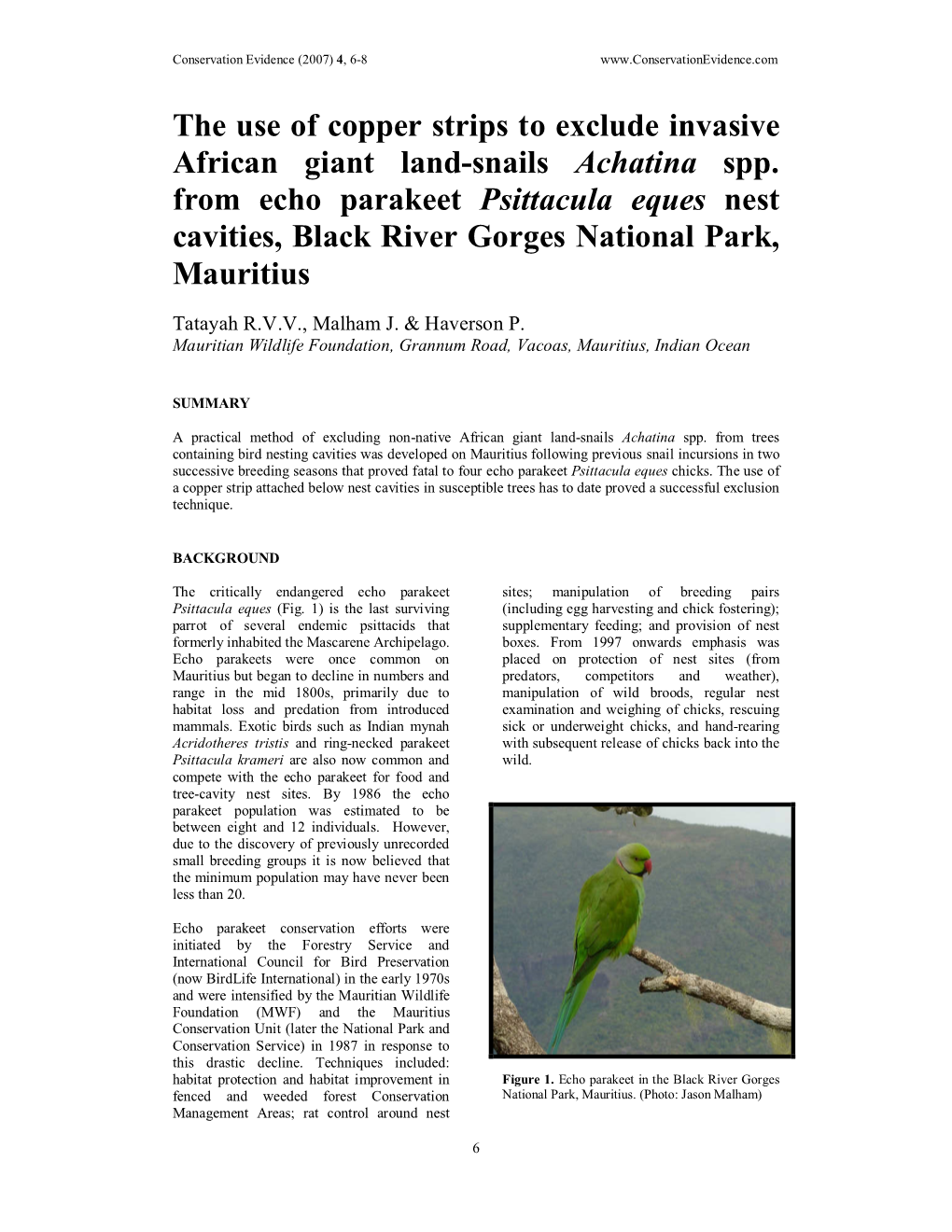The Use of Copper Strips to Exclude Invasive African Giant Land-Snails Achatina Spp. from Echo Parakeet Psittacula Eques Nest Ca