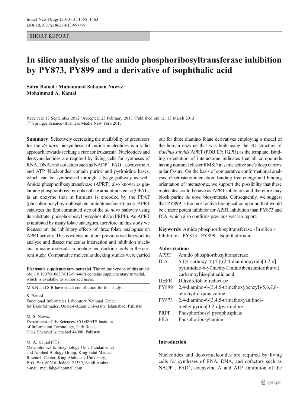 In Silico Analysis of the Amido Phosphoribosyltransferase Inhibition by PY873, PY899 and a Derivative of Isophthalic Acid