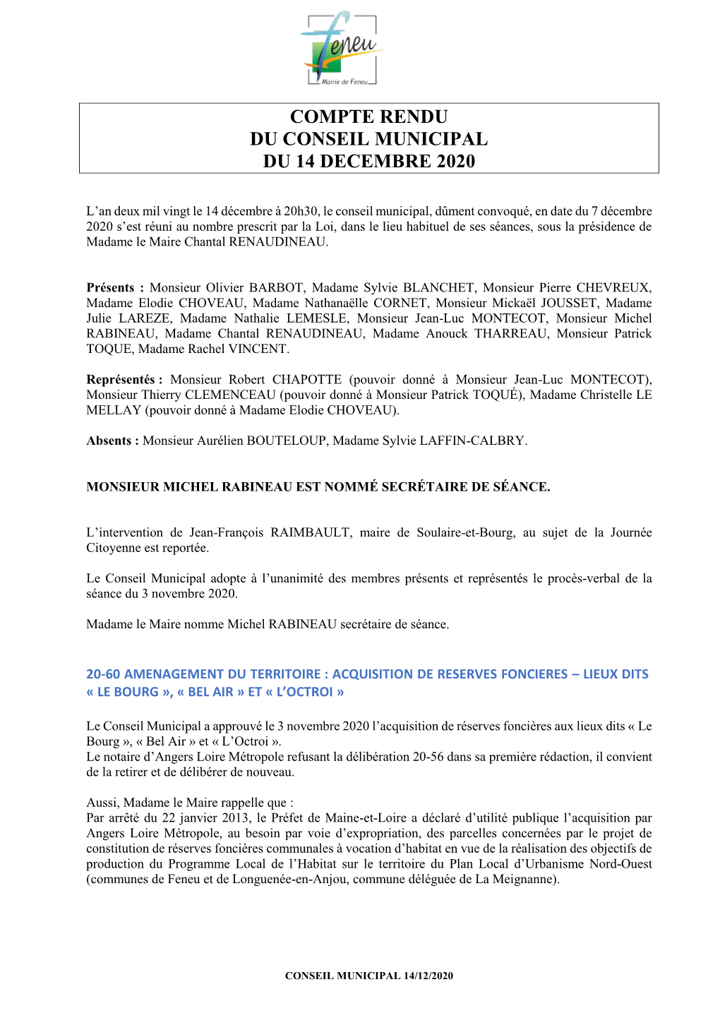 Compte Rendu Du Conseil Municipal Du 14 Decembre 2020