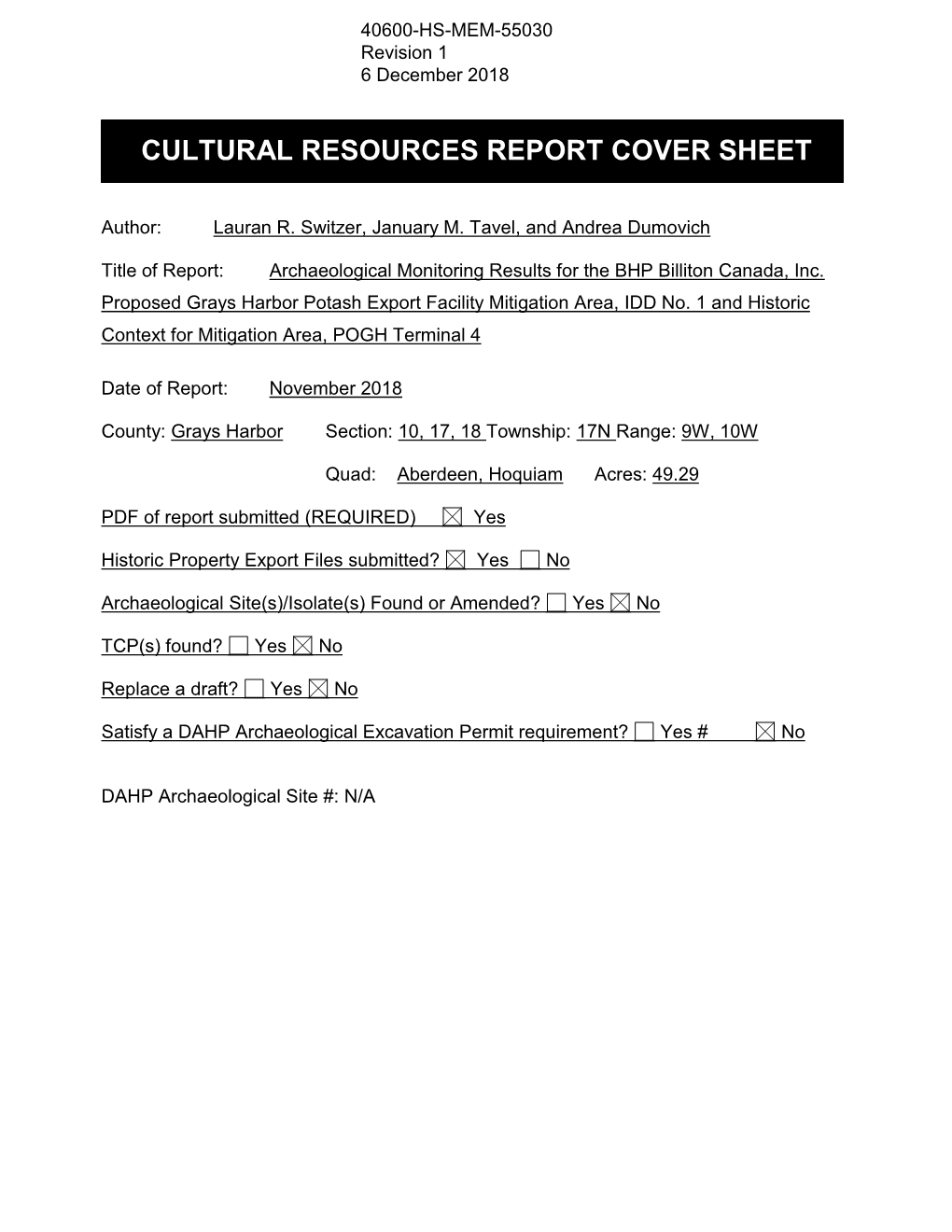 Cultural Resources Report Cover Sheet