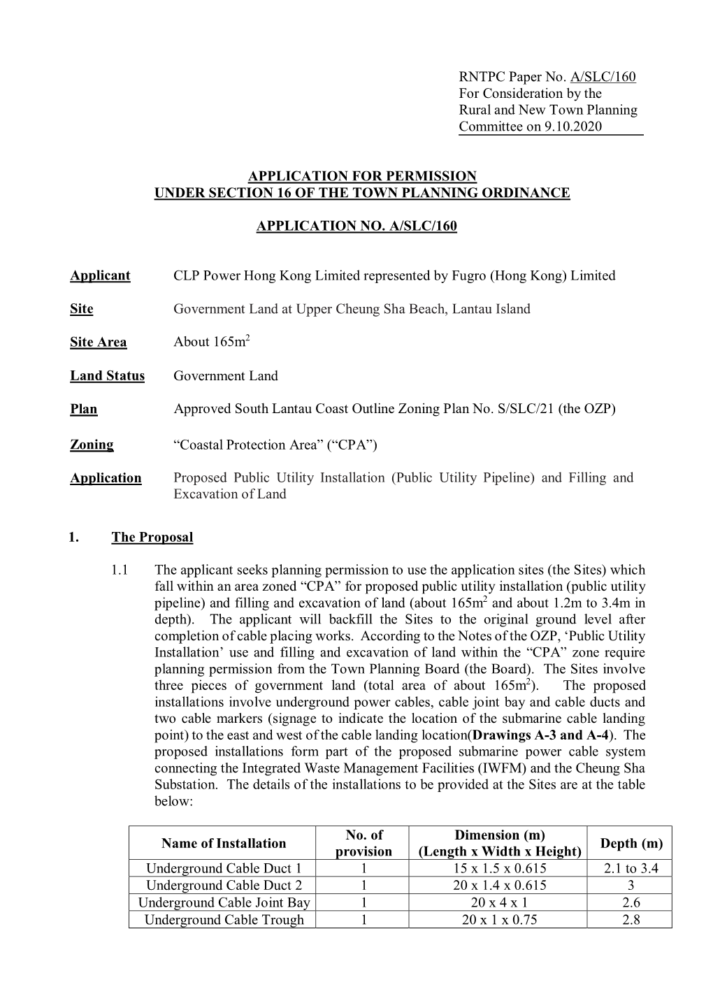 RNTPC Paper No. A/SLC/160 for Consideration by the Rural and New Town Planning Committee on 9.10.2020