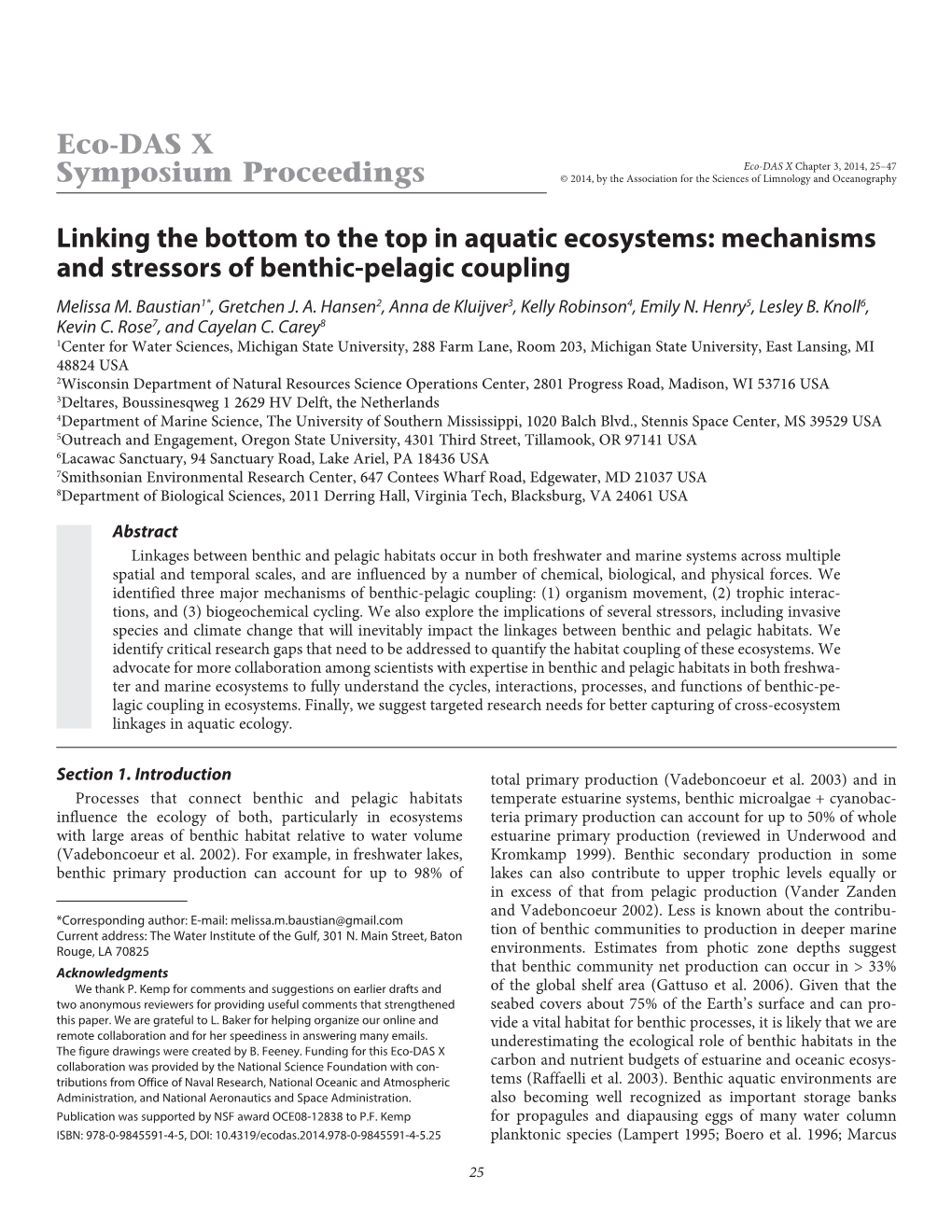 Linking the Bottom to the Top in Aquatic Ecosystems: Mechanisms and Stressors of Benthic-Pelagic Coupling Eco-DAS X Symposium Pr