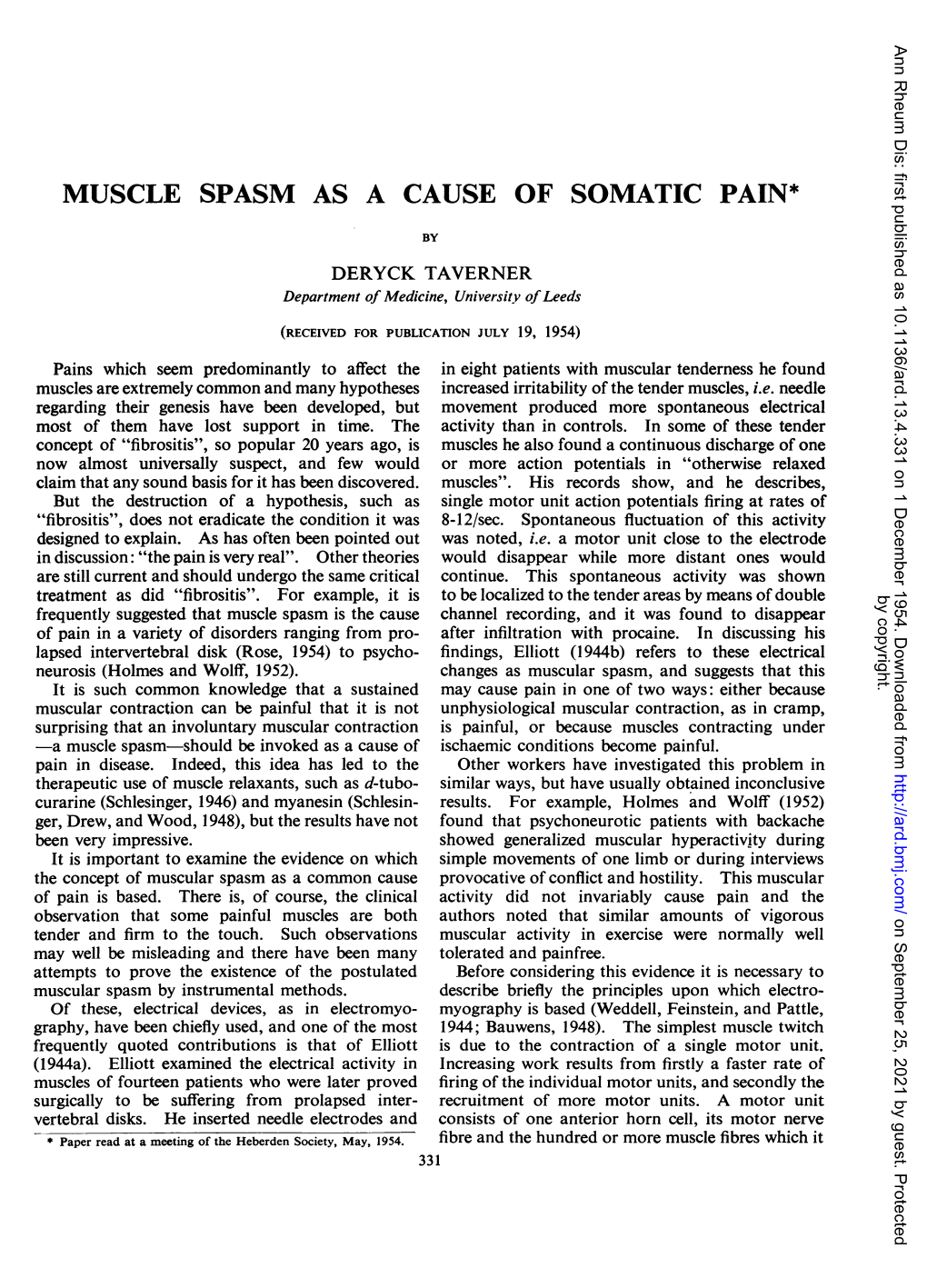 Muscle Spasm As a Cause of Somatic Pain*