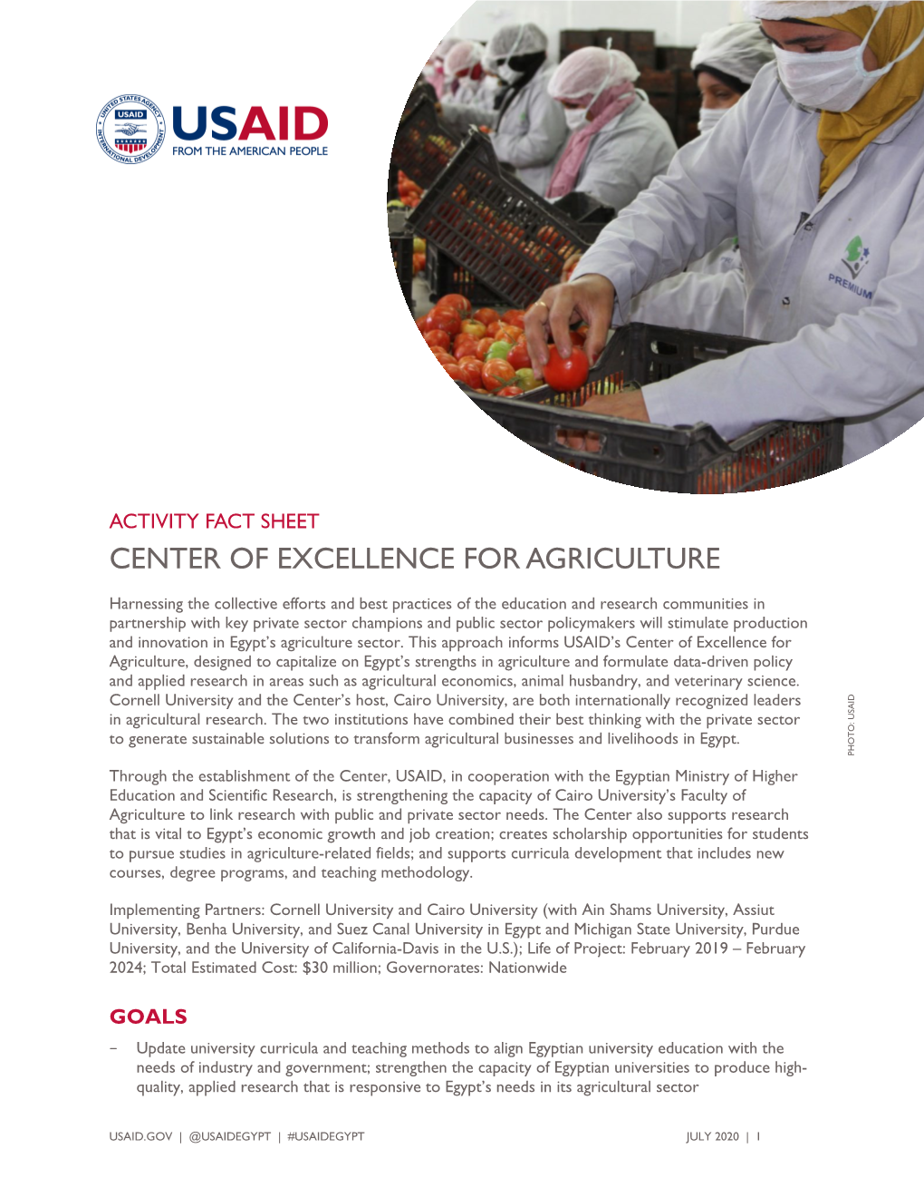 USAID/Egypt Activity Fact Sheet: Center of Excellence for Agriculture