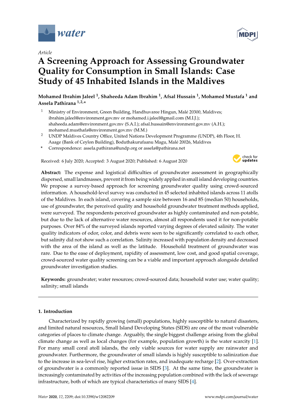 A Screening Approach for Assessing Groundwater Quality for Consumption in Small Islands: Case Study of 45 Inhabited Islands in the Maldives