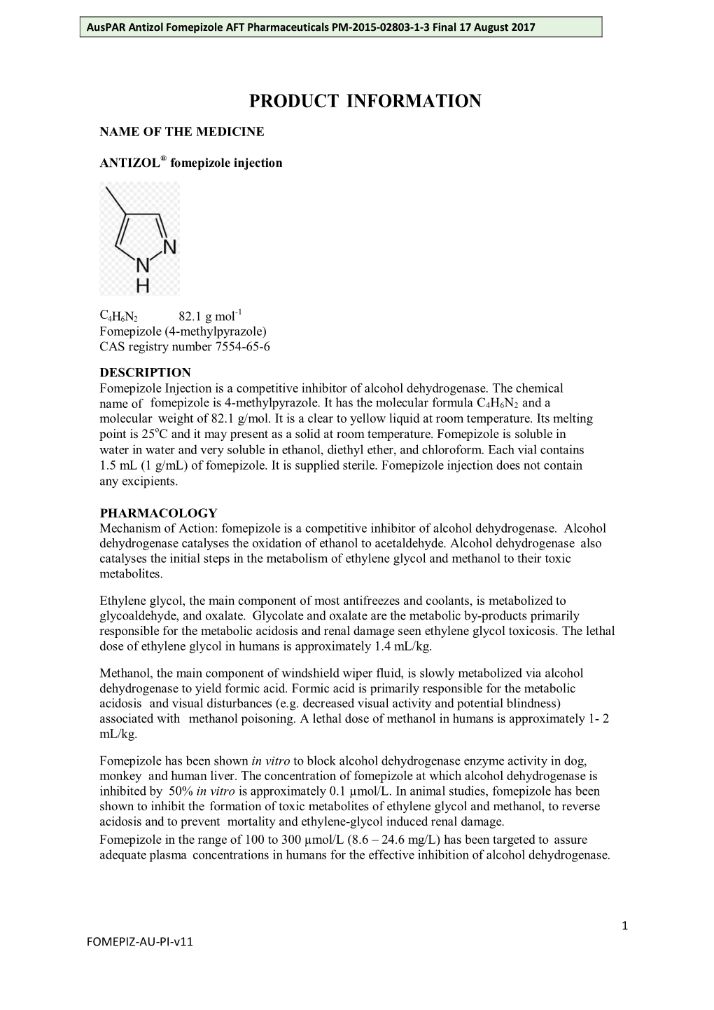 Fomepizole AFT Pharmaceuticals PM-2015-02803-1-3 Final 17 August 2017