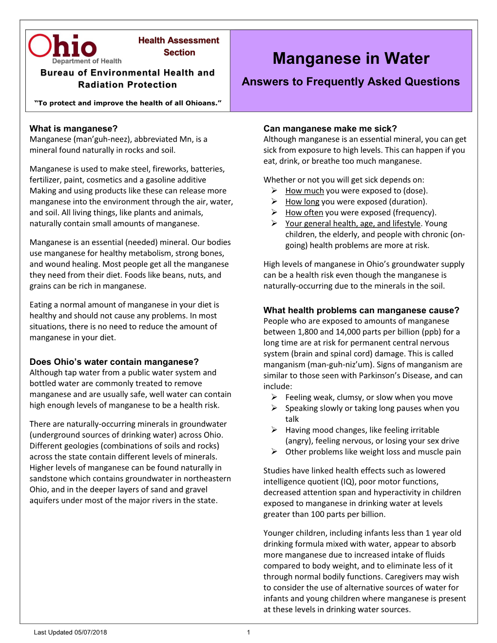 Manganese in Water Bureau of Environmental Health and Radiation Protection Answers to Frequently Asked Questions