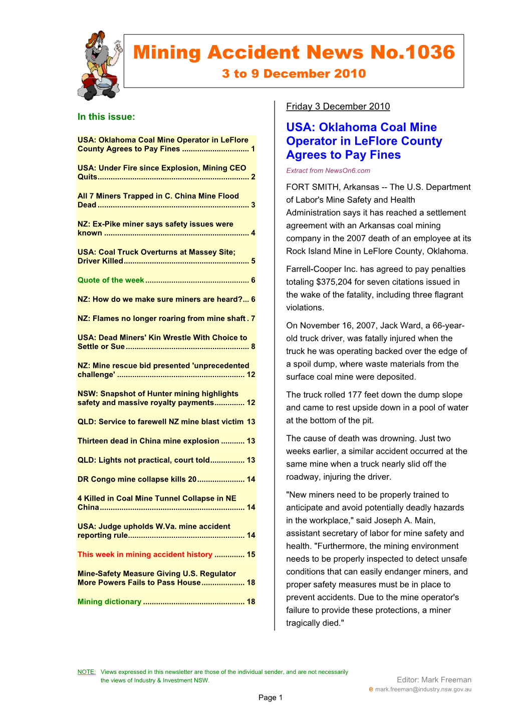 Mining Accident News No.1036 3 to 9 December 2010