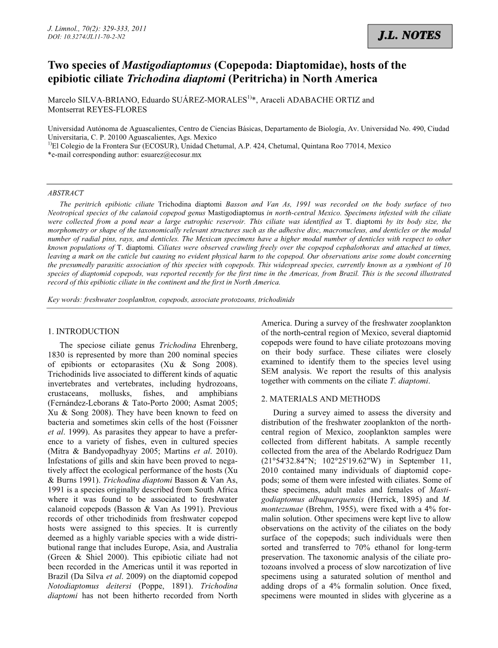 Two Species of Mastigodiaptomus (Copepoda: Diaptomidae), Hosts of the Epibiotic Ciliate Trichodina Diaptomi (Peritricha) in North America