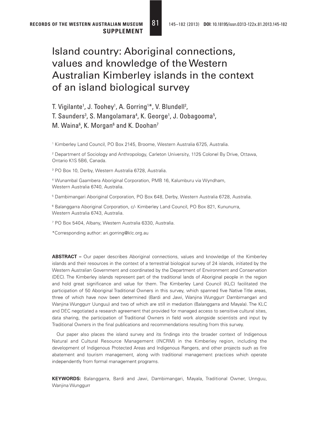Island Country: Aboriginal Connections, Values and Knowledge of the Western Australian Kimberley Islands in the Context of an Island Biological Survey