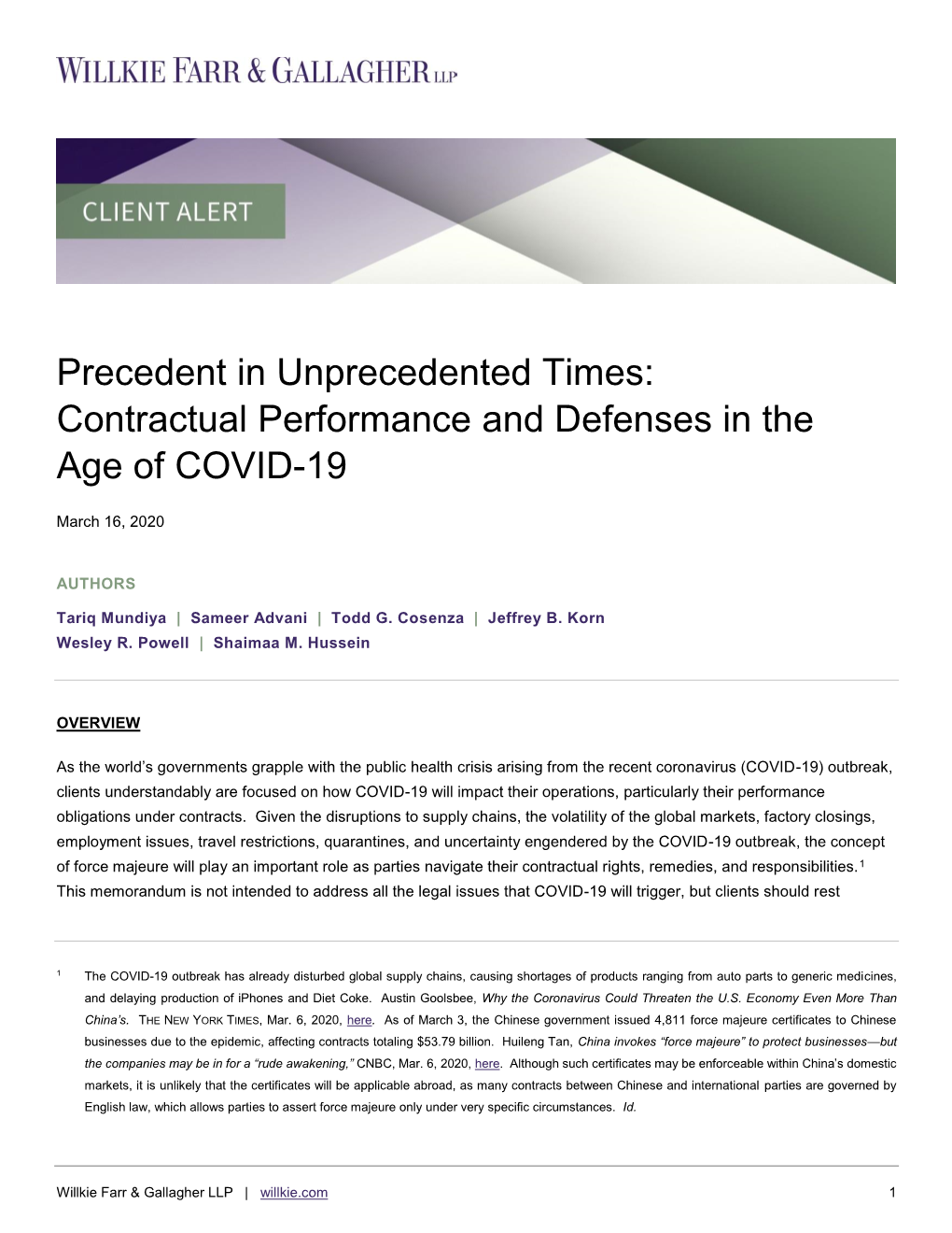 Precedent in Unprecedented Times: Contractual Performance and Defenses in the Age of COVID-19