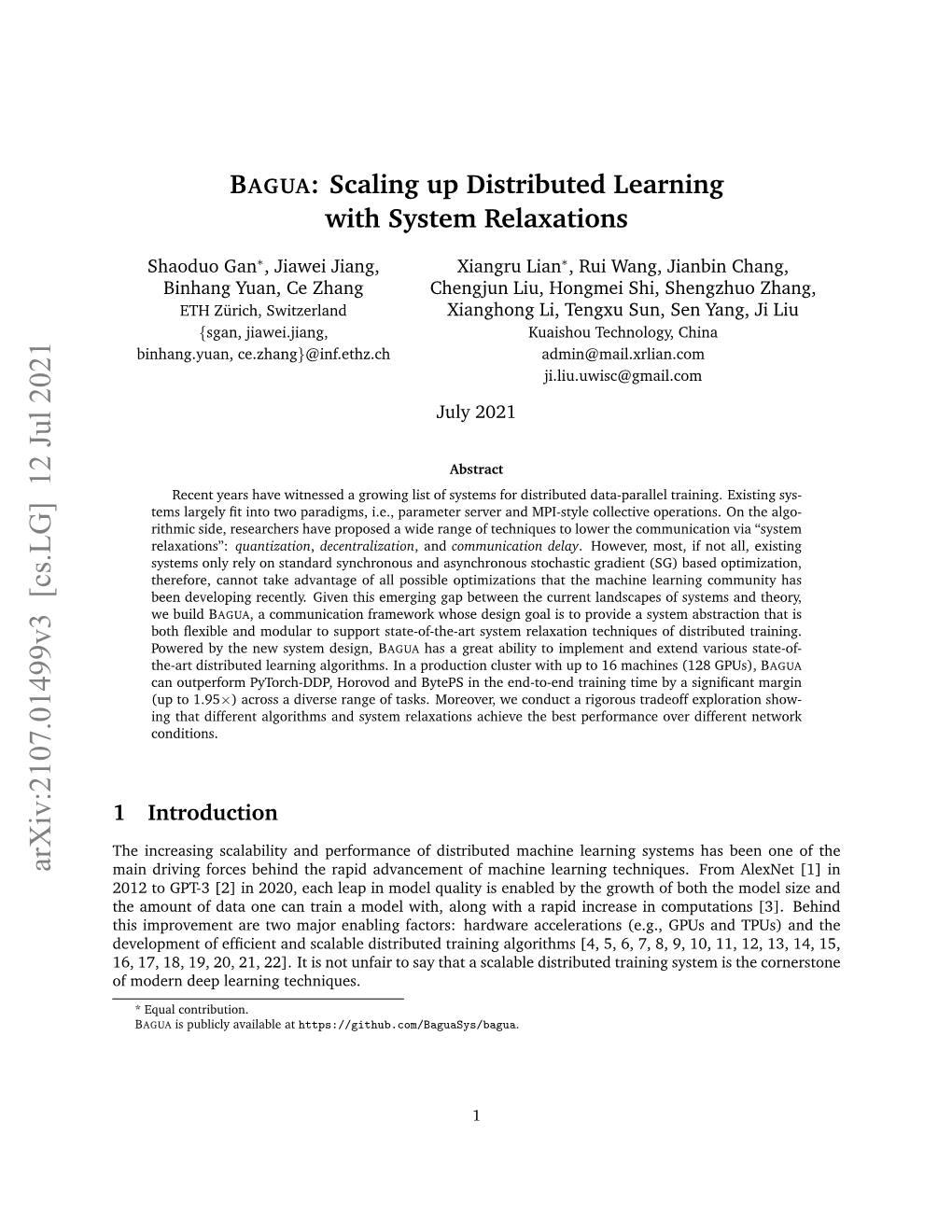 BAGUA: Scaling up Distributed Learning with System Relaxations