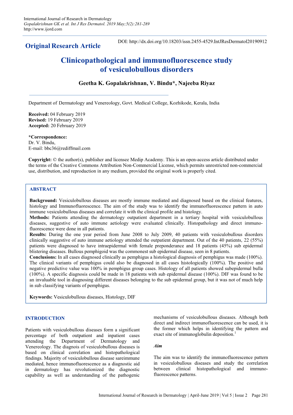 Clinicopathological and Immunofluorescence Study of Vesiculobullous Disorders