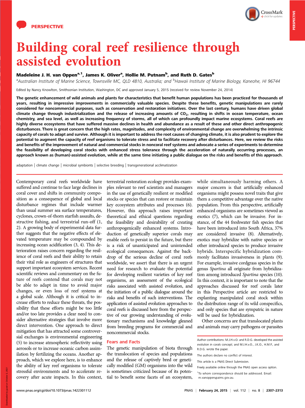 Building Coral Reef Resilience Through Assisted Evolution Madeleine J