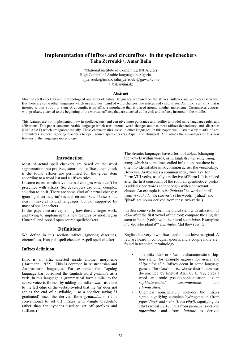 Implementation of Infixes and Circumfixes in the Spellcheckers Taha Zerrouki *، , Amar Balla