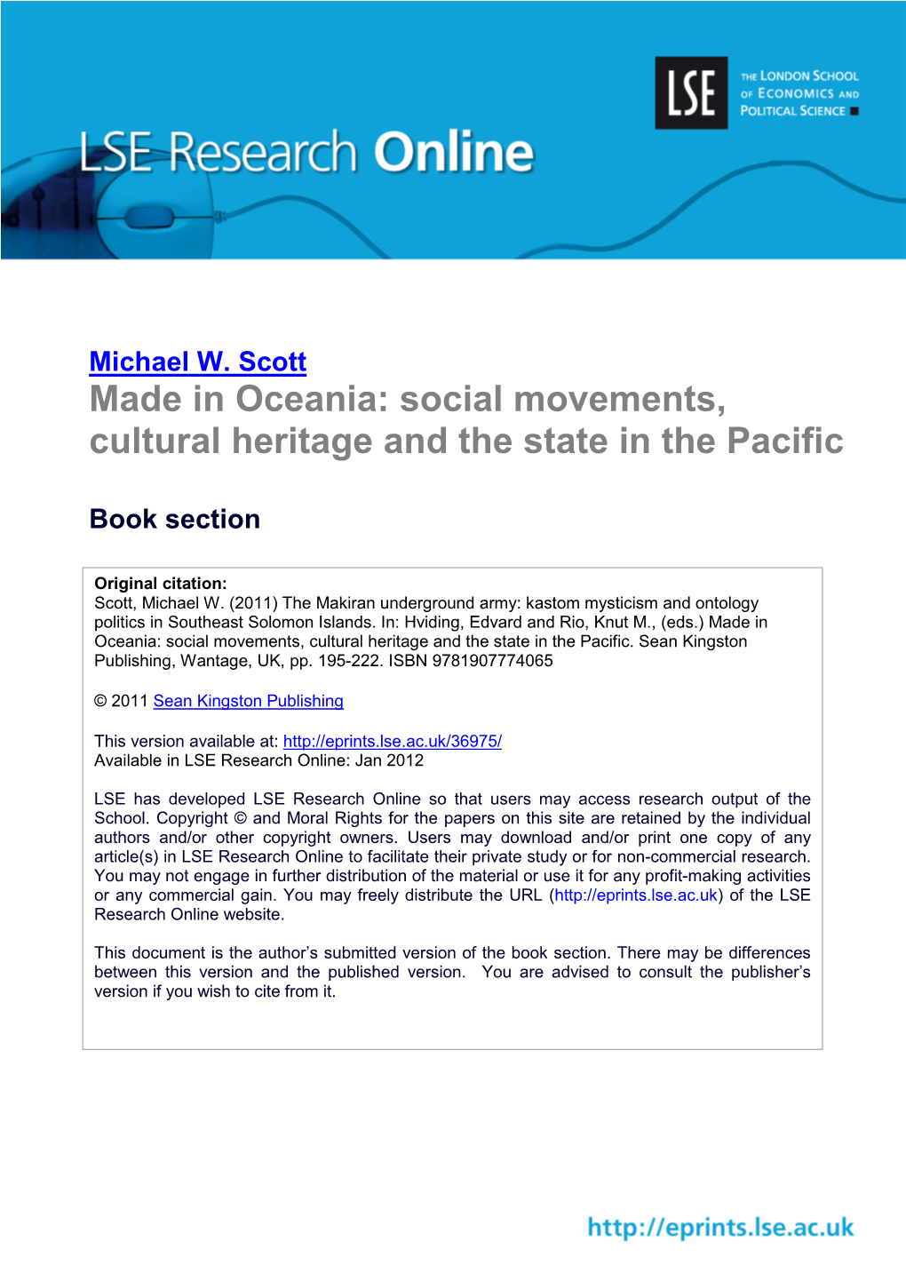 Social Movements, Cultural Heritage and the State in the Pacific