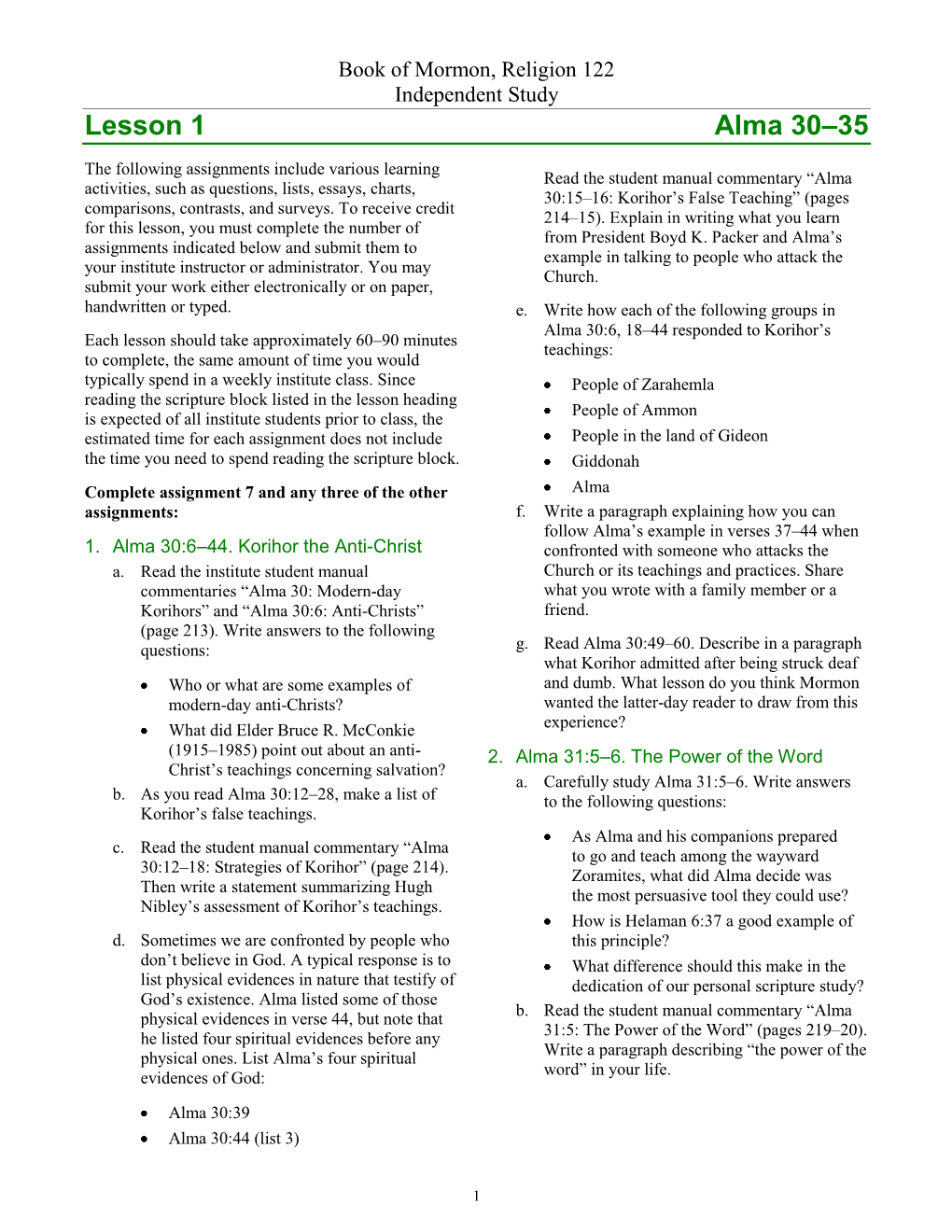 Lesson 1 Alma 30–35