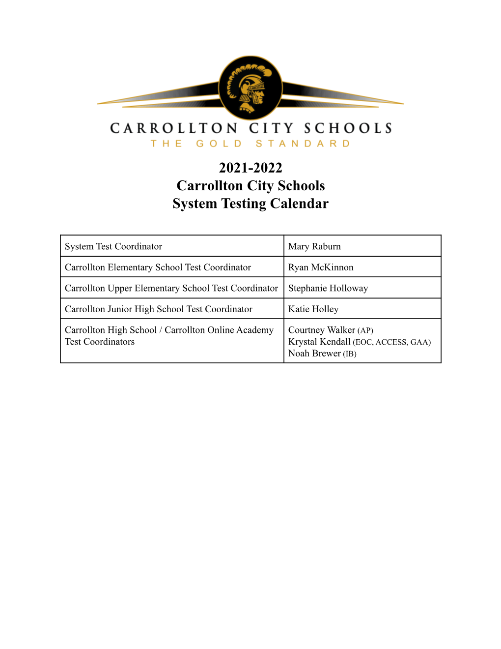 2021-2022 Carrollton City Schools System Testing Calendar