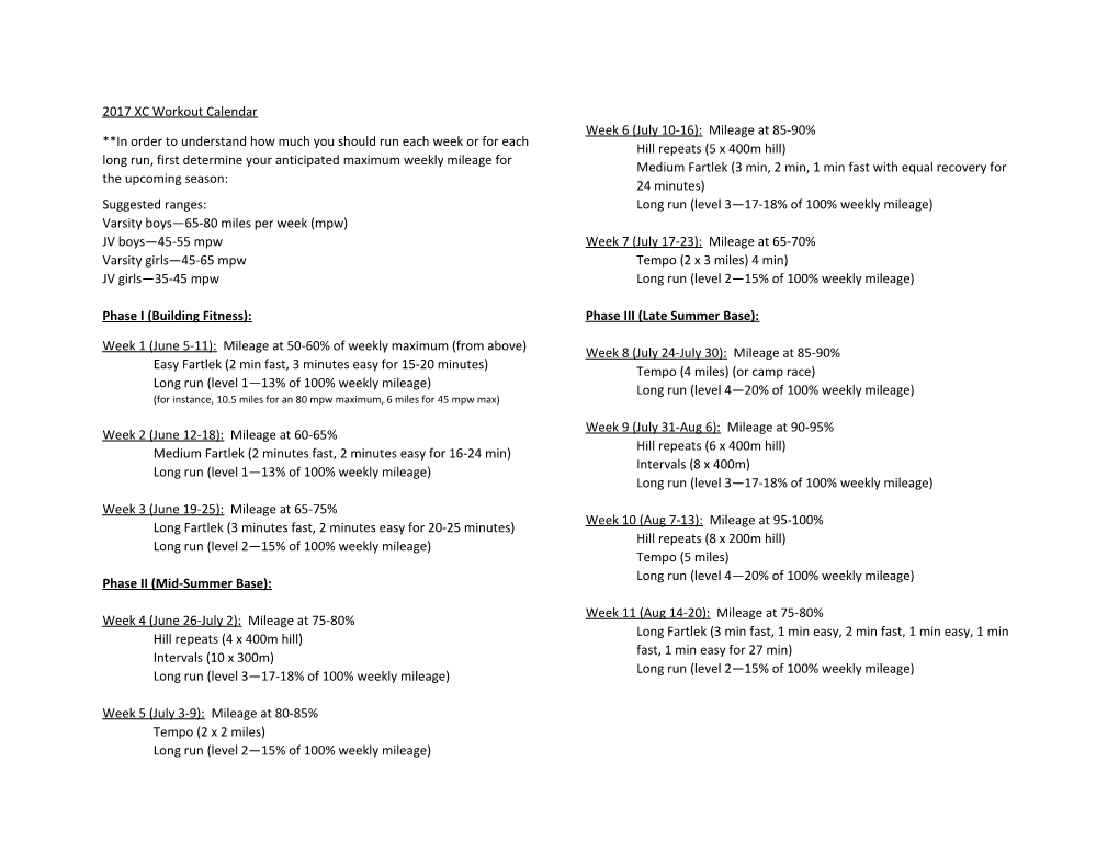 2017 XC Workout Calendar