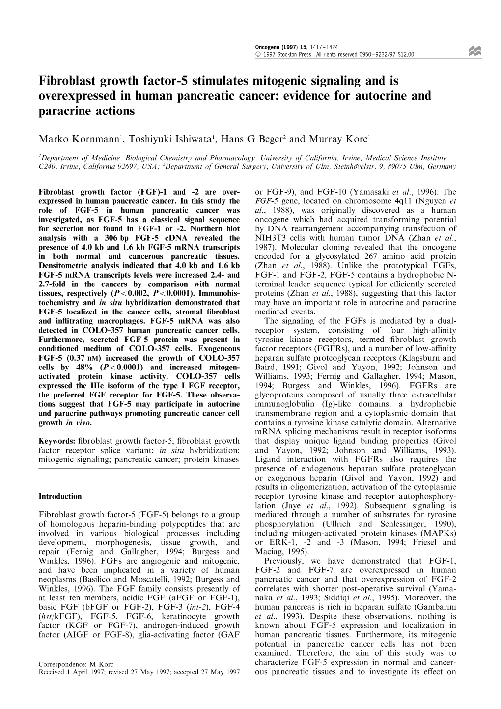 Fibroblast Growth Factor-5 Stimulates Mitogenic Signaling and Is Overexpressed in Human Pancreatic Cancer: Evidence for Autocrine and Paracrine Actions