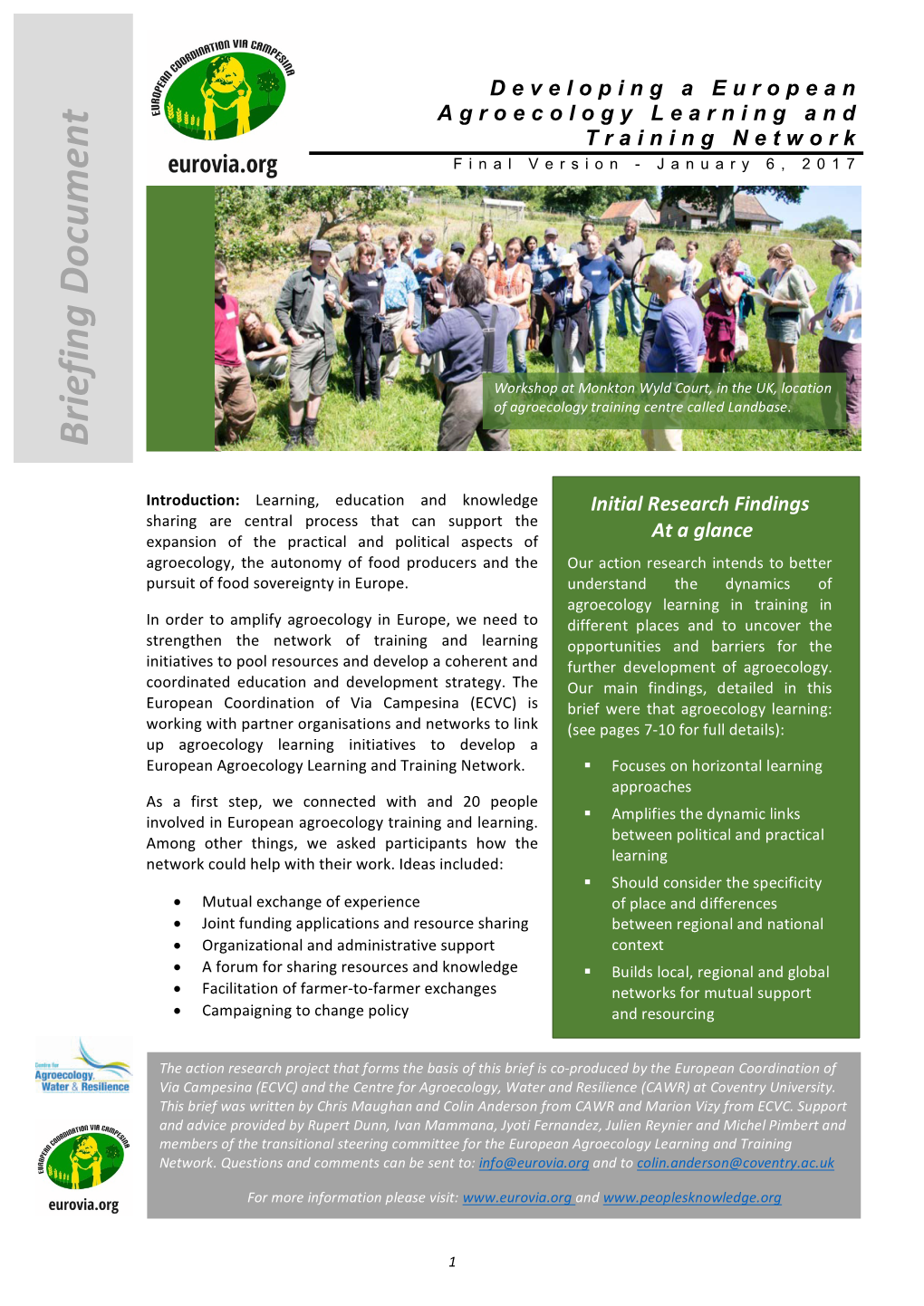 Developing a European Agroecology Learning and Training Network Final Version - January 6, 2017